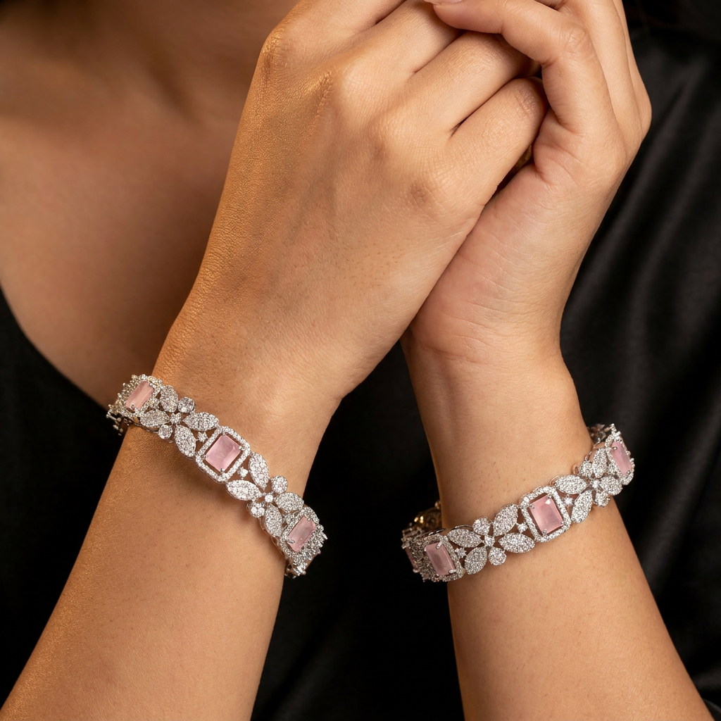 Botanical Prism Rhodium Bangles with Rectangular Centre Alignment