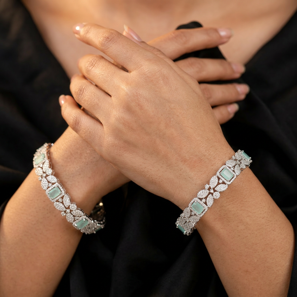 Facet Leaf Rhodium Bangles with Rectangular Centre Alignment