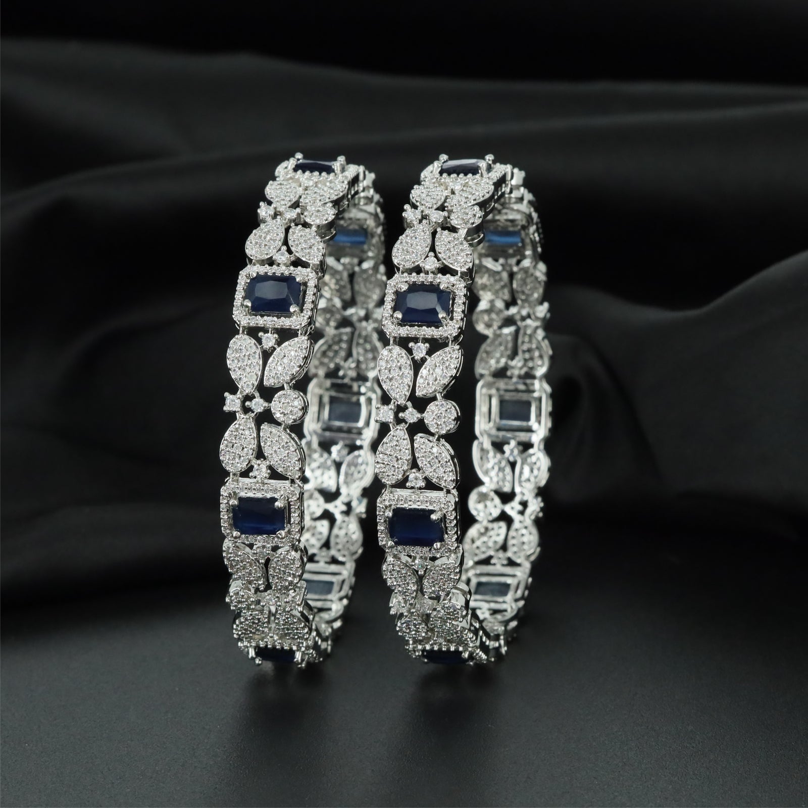 Hexa Bloom Rhodium Bangles with Sculpted Botanical Arrangement