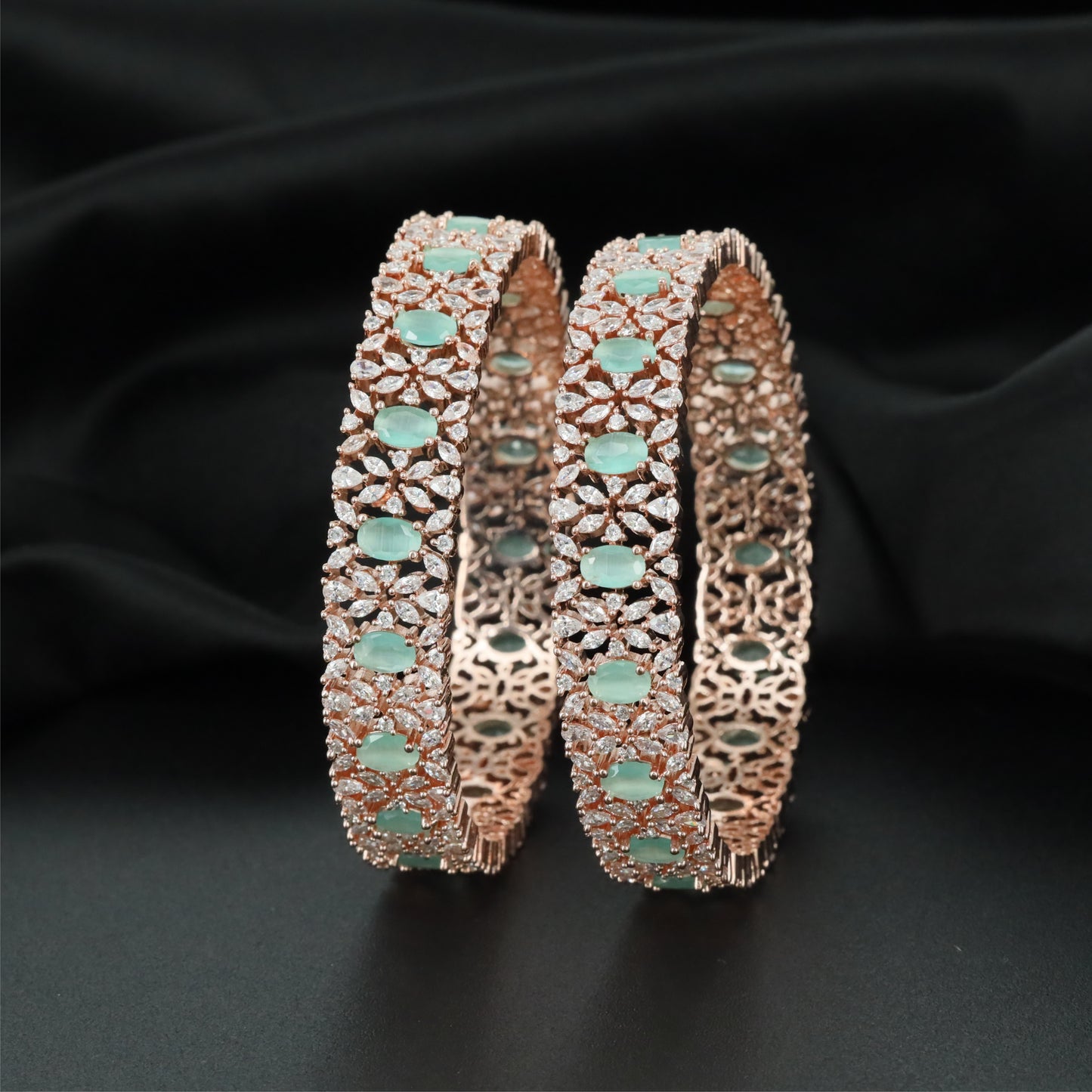 Facet Lattice Rose Gold Bangles with Open Floral Framework