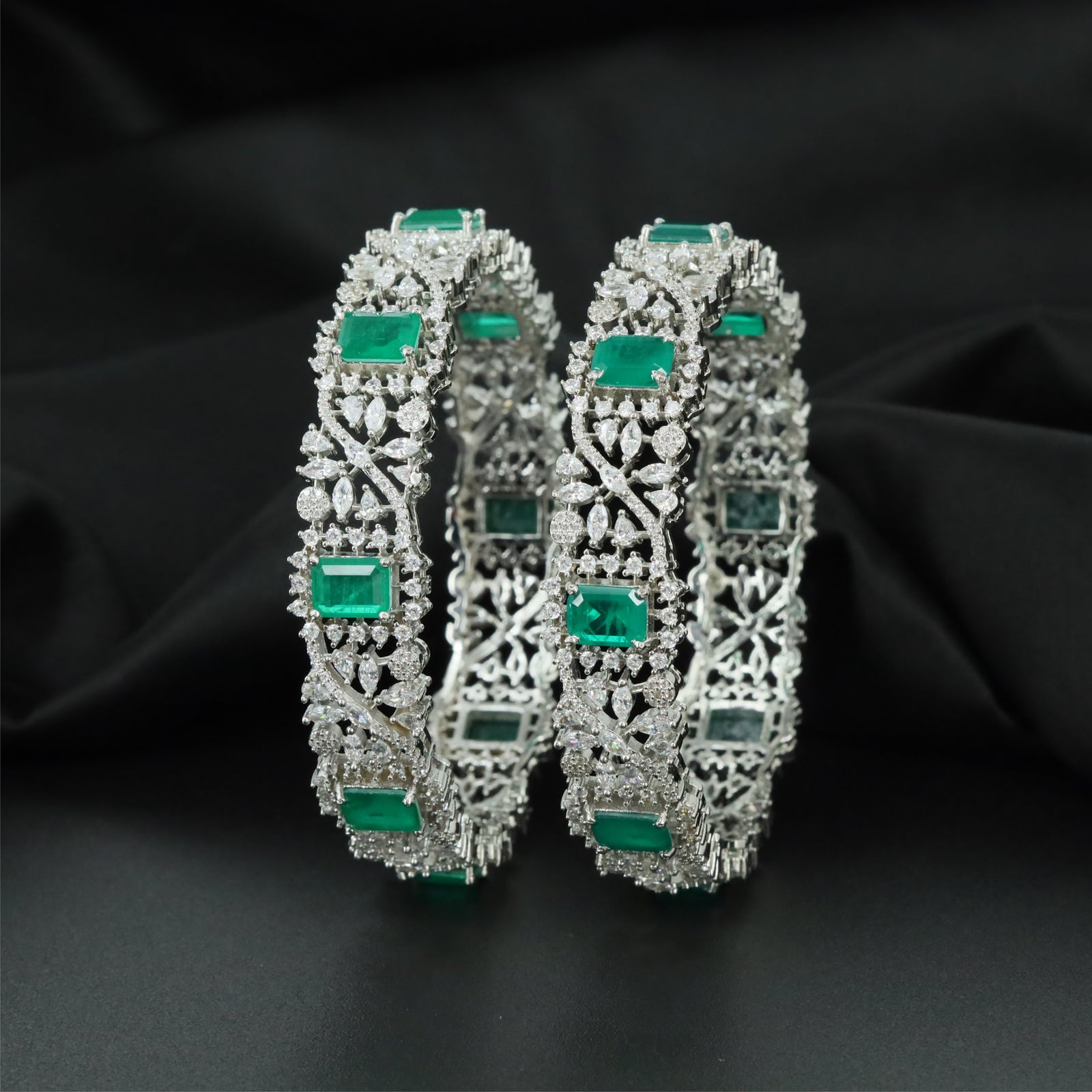 Petal Matrix Rhodium Bangles with Detailed Centre Arrangement