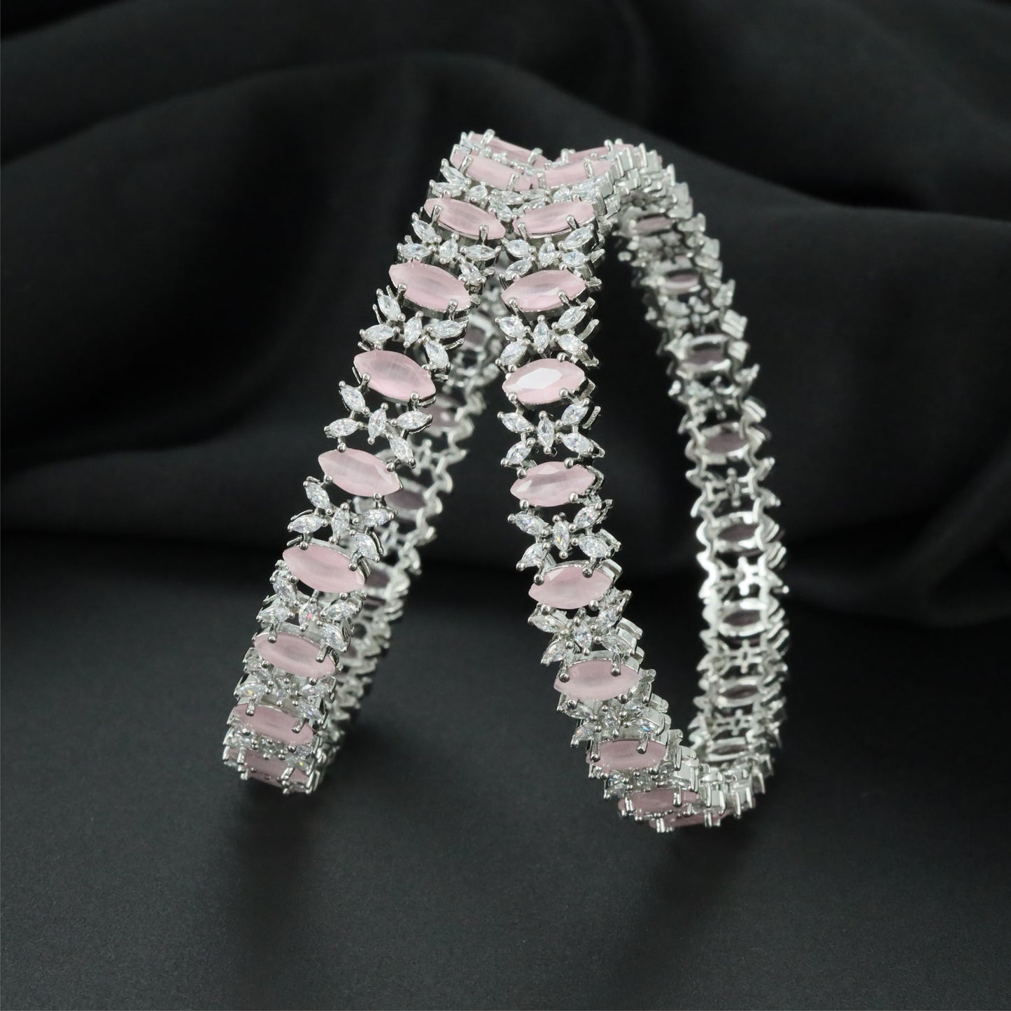 Highlight Border Rhodium Bangles with Dimensional Surface Pattern
