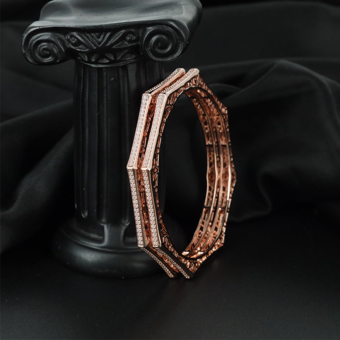 Hexagon Inspired Rose Gold Bangles with Detailed Surface Pattern