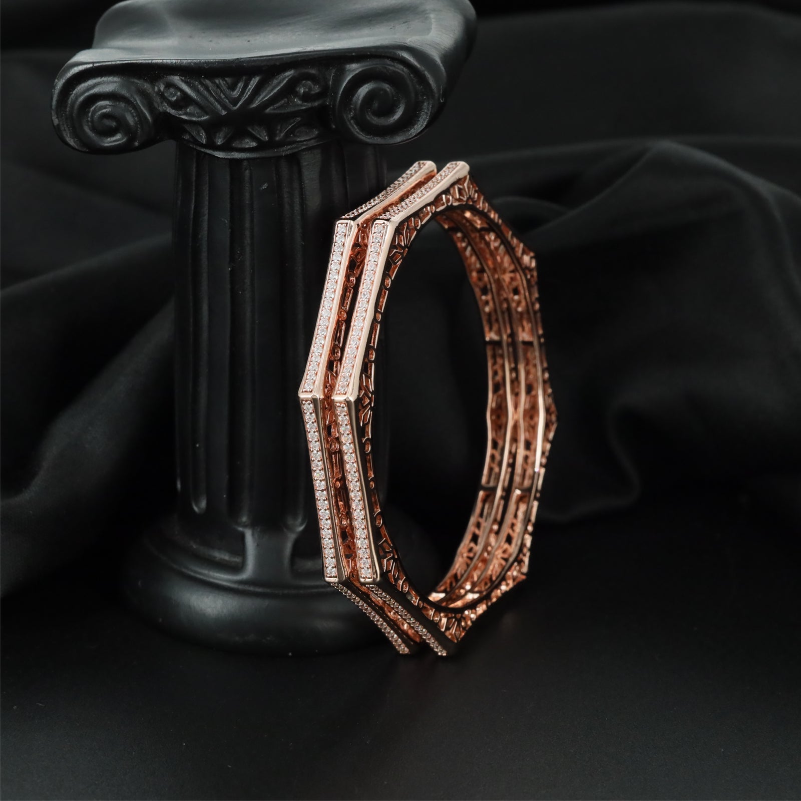 Hexagon Inspired Rose Gold Bangles with Detailed Surface Pattern