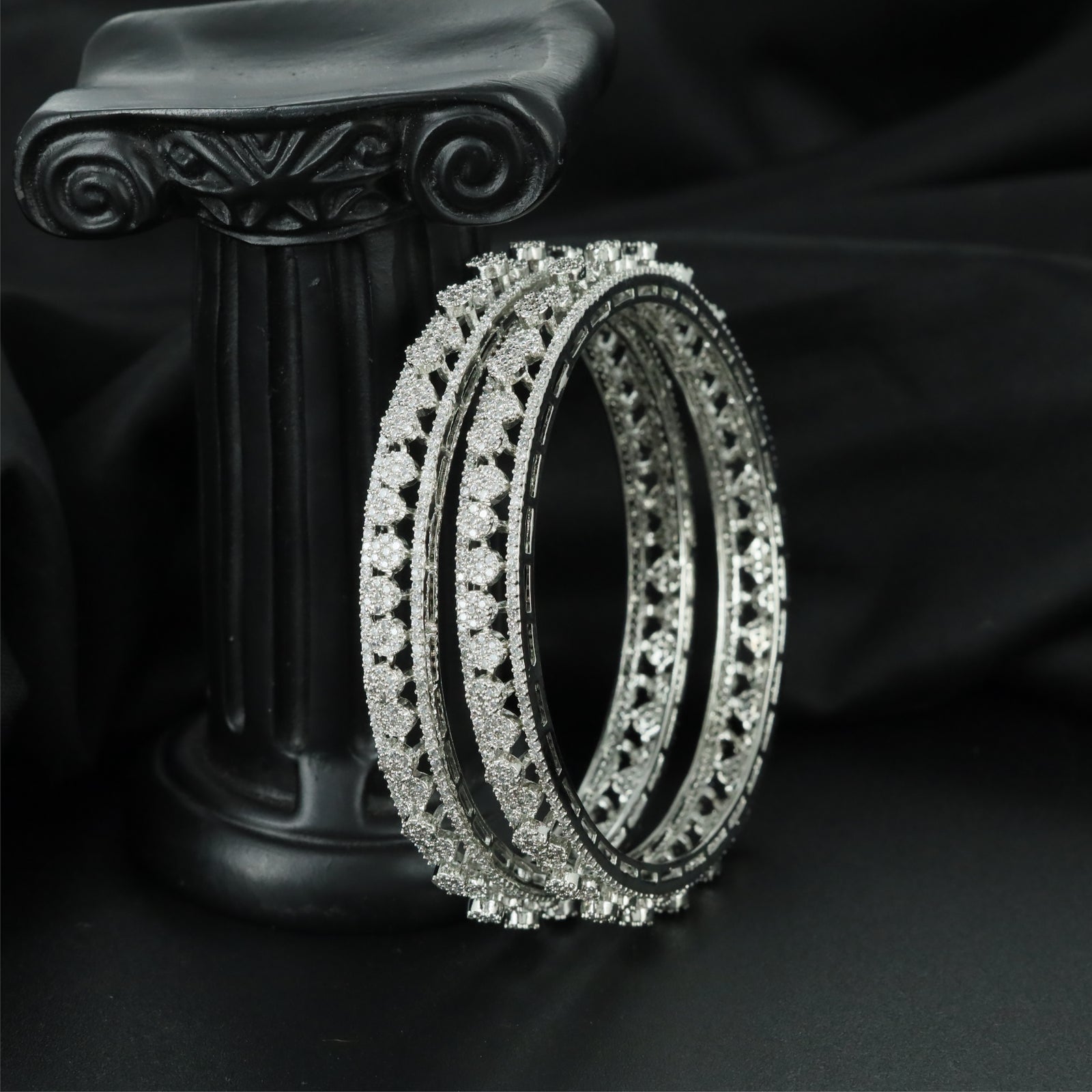 Modern Gridline Rhodium Bangles with Continuous Structural Detailing