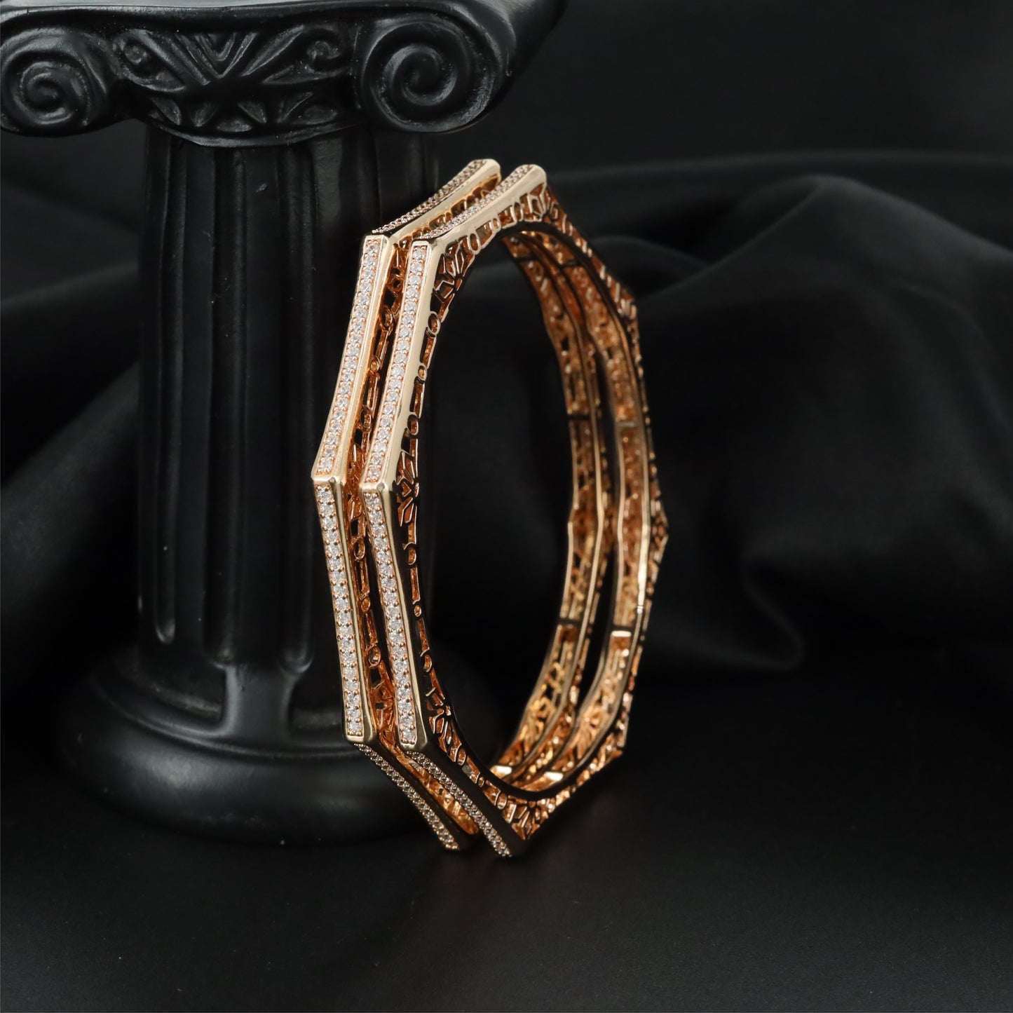 Modern Frame Gold Polish Bangles with Sculpted Angular Layout