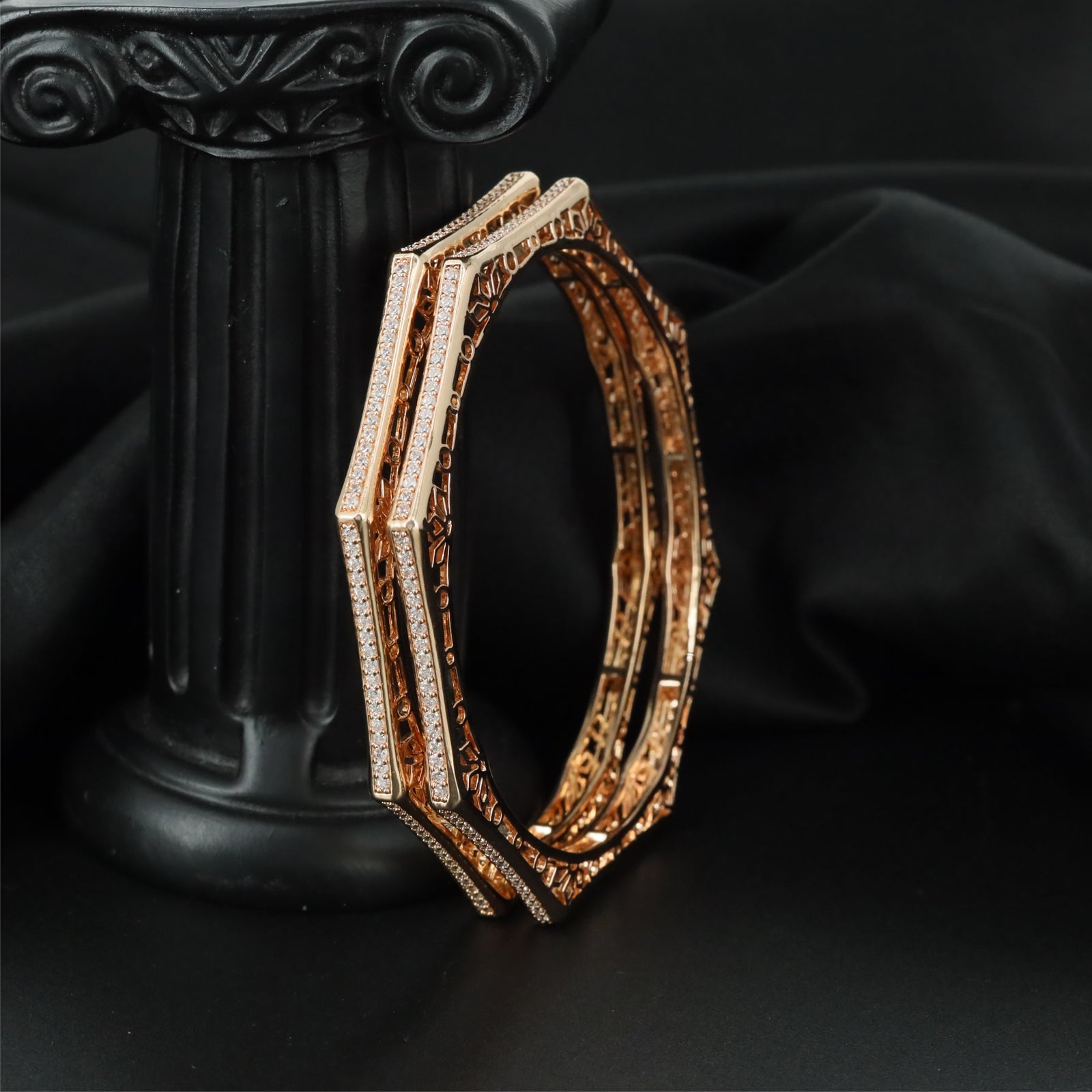 Modern Frame Gold Polish Bangles with Sculpted Angular Layout