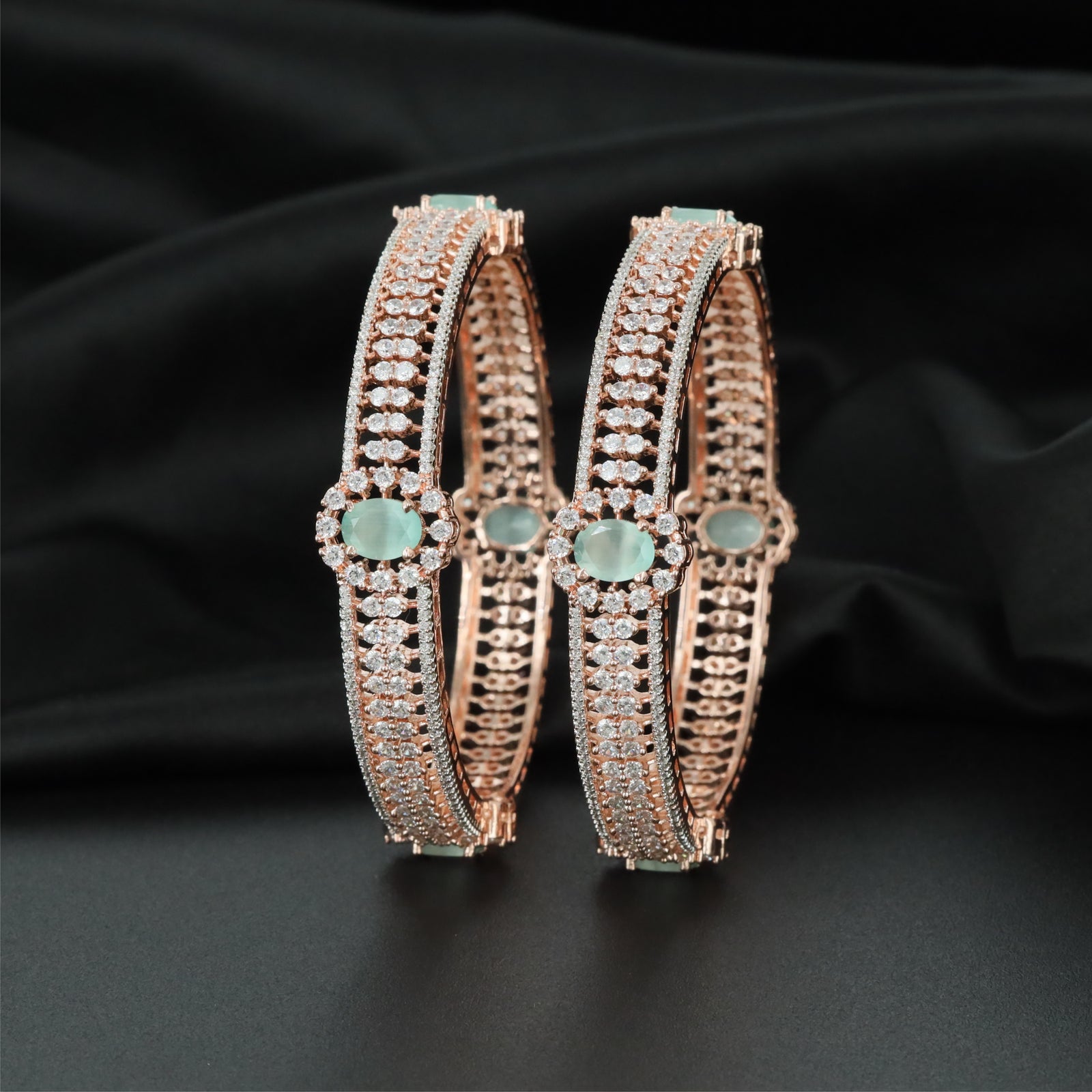 Halo Centre Rose Gold Bangles with Oval Accent Detailing