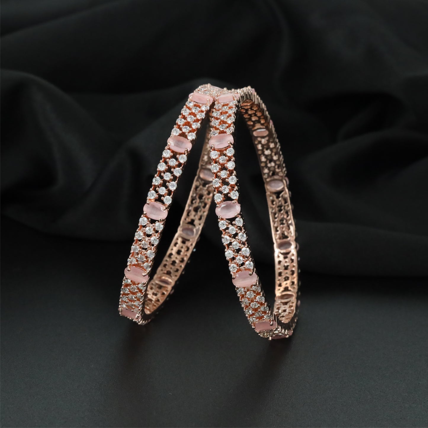 Crisscross Detail Rose Gold Bangles with Repeating Centre Highlights