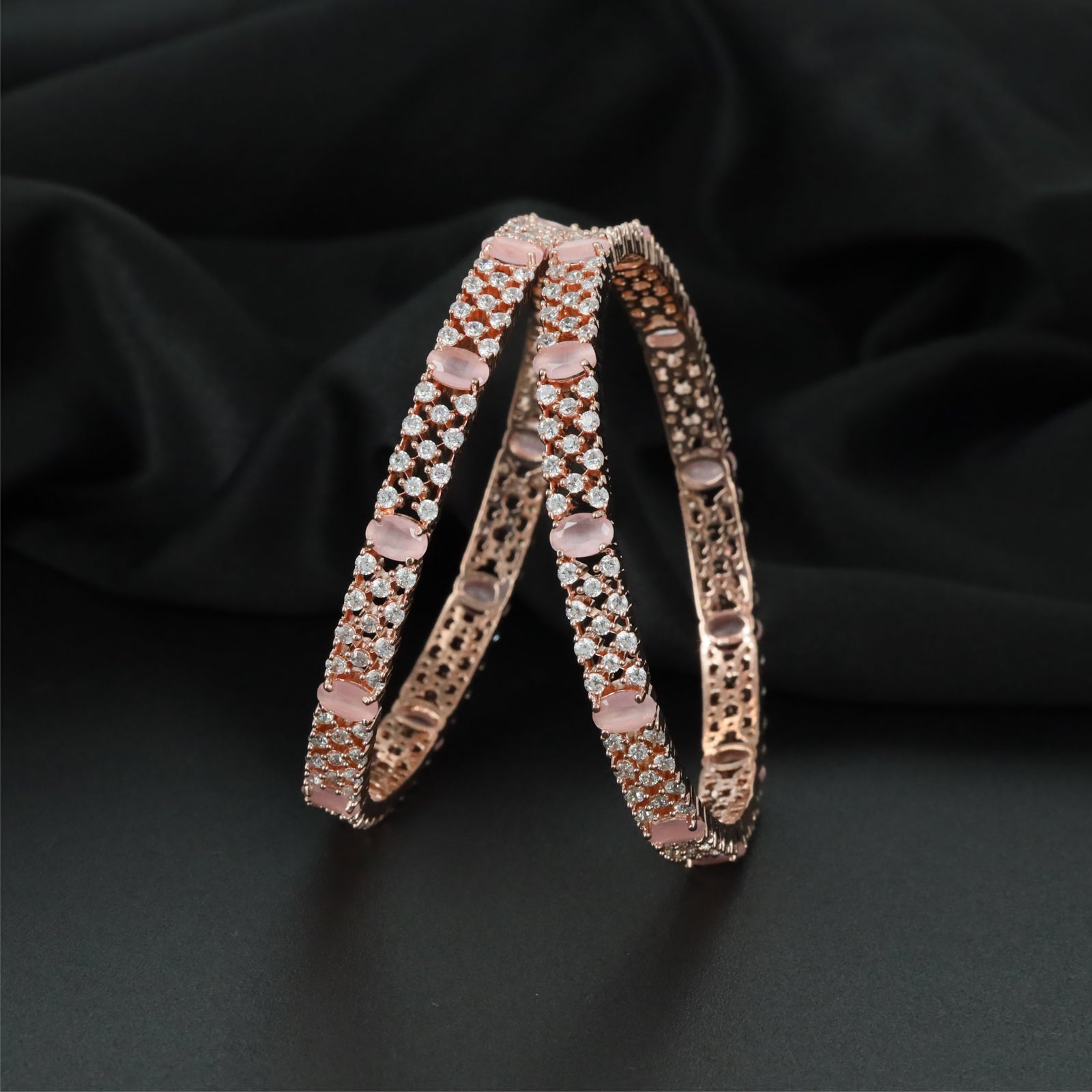 Crisscross Detail Rose Gold Bangles with Repeating Centre Highlights