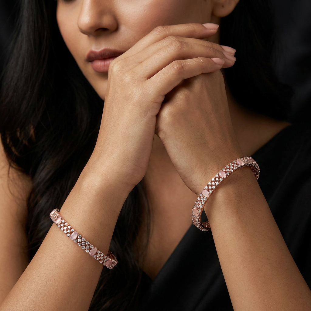 Crisscross Detail Rose Gold Bangles with Repeating Centre Highlights