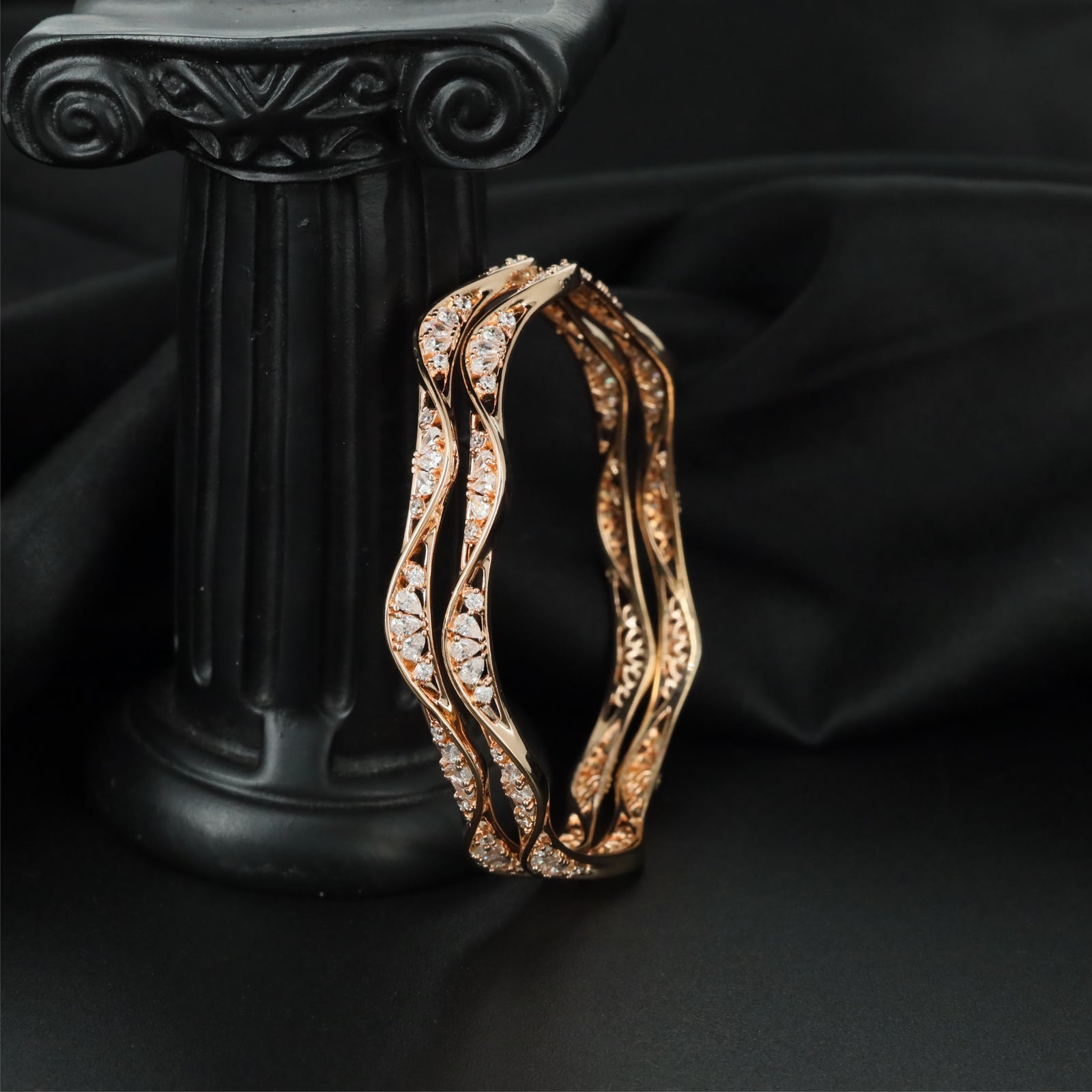 Woven Wave Gold Polish Bangles with Sculpted Structural Profile