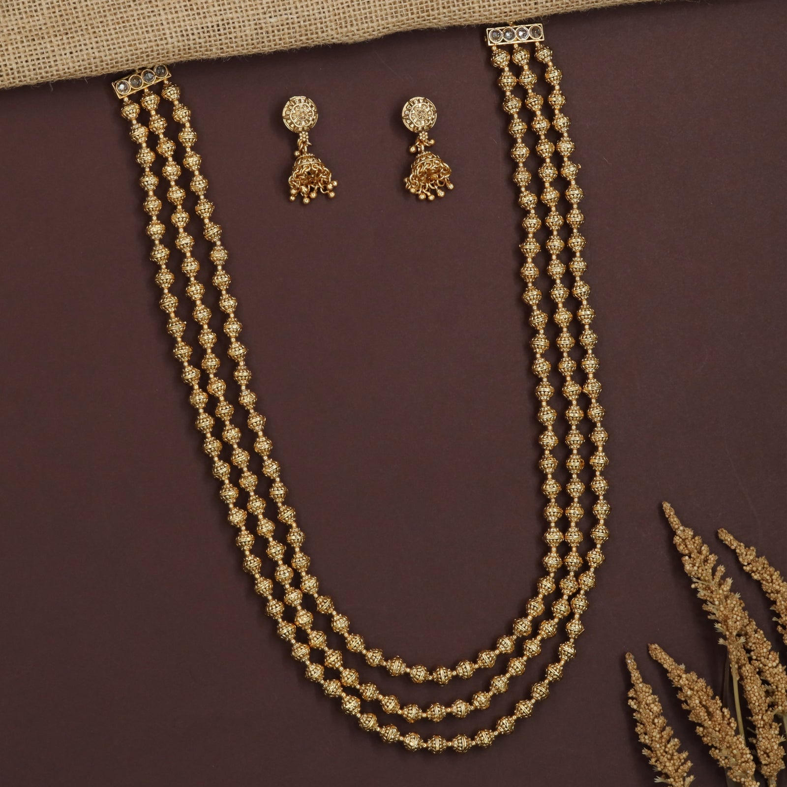Textured Ball Antique Beads Necklace with Triple Strand Detailing