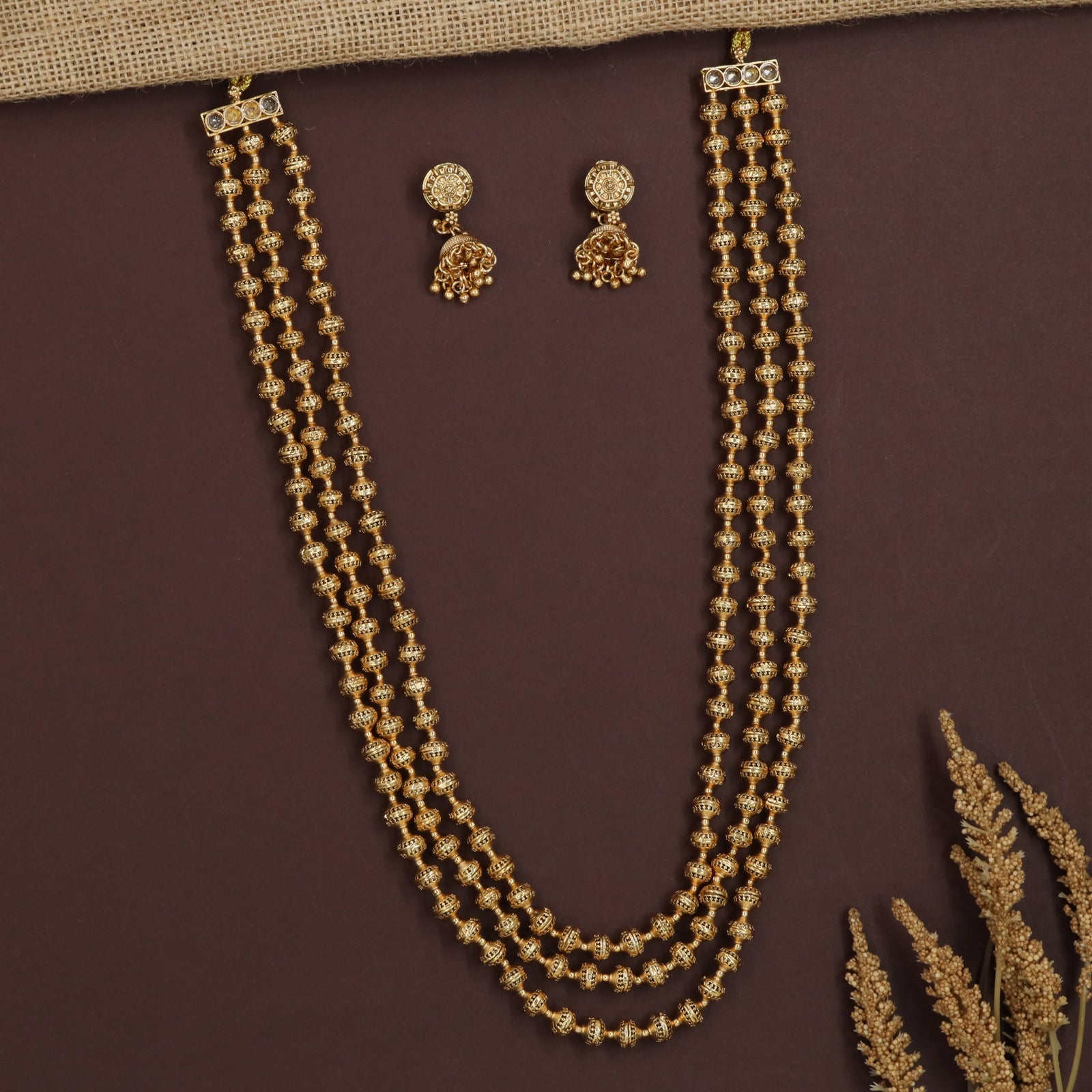 Ribbed Spacer Antique Beads Necklace with Triple Strand Styling