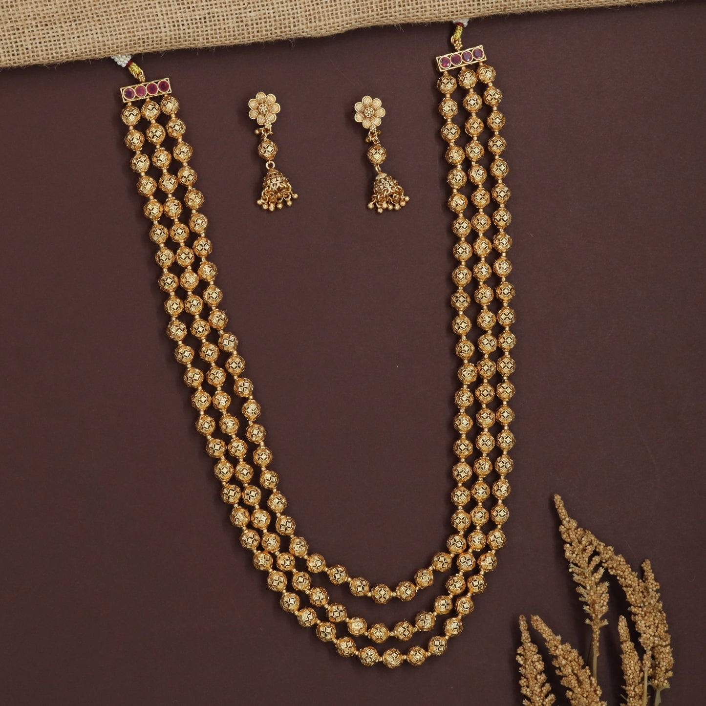 Junewood Temple Beads Necklace with Curved Triple Chains