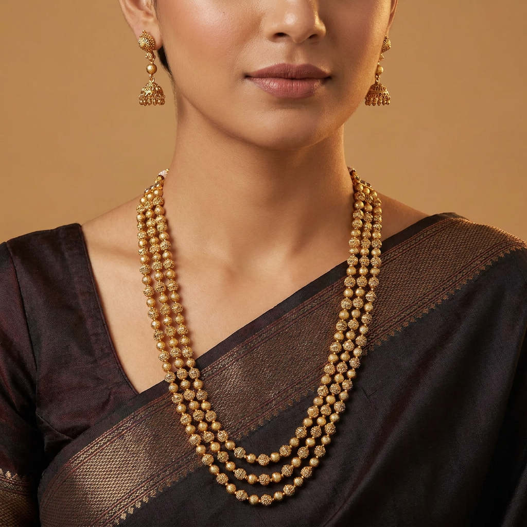 Antique Beads Necklace with Ornamental Triple Styling