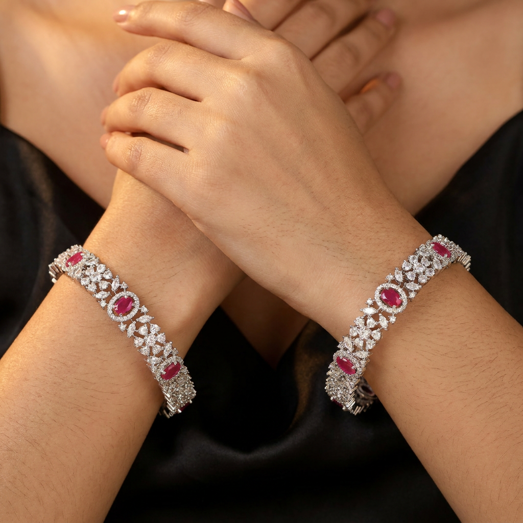 Riviera Petalwork Rhodium Bangles with Detailed Border Design