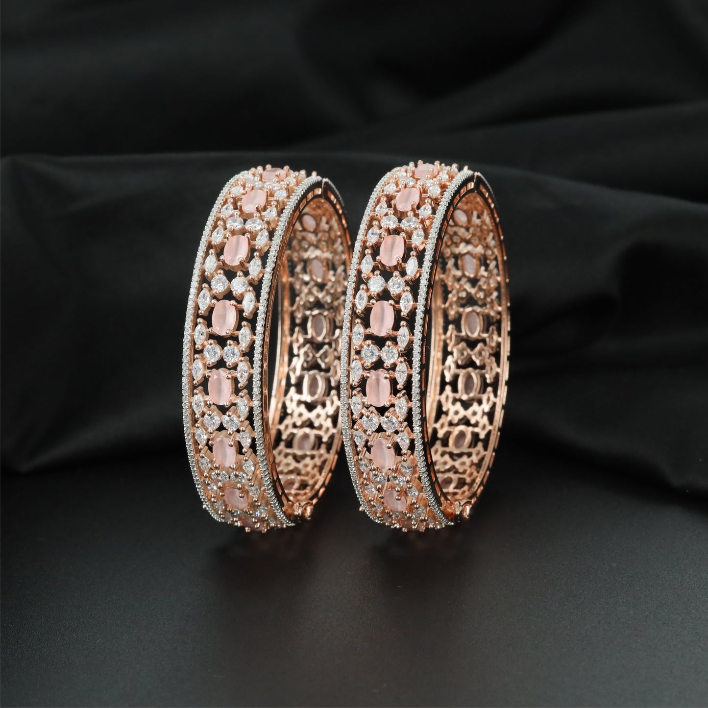 Architect Floral Arrangement Rose Gold Bangles with Detailed Open Construction