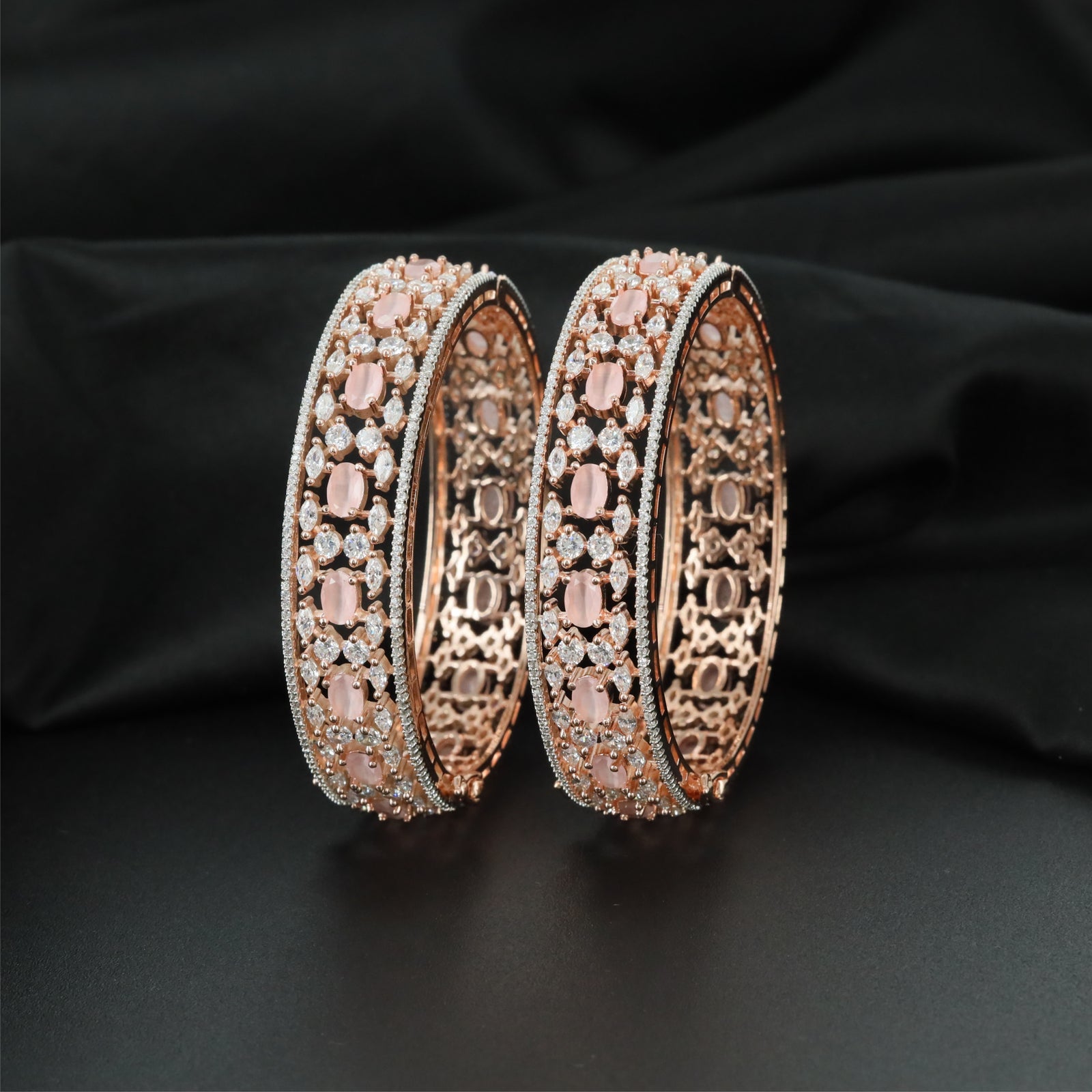 Architect Floral Arrangement Rose Gold Bangles with Detailed Open Construction