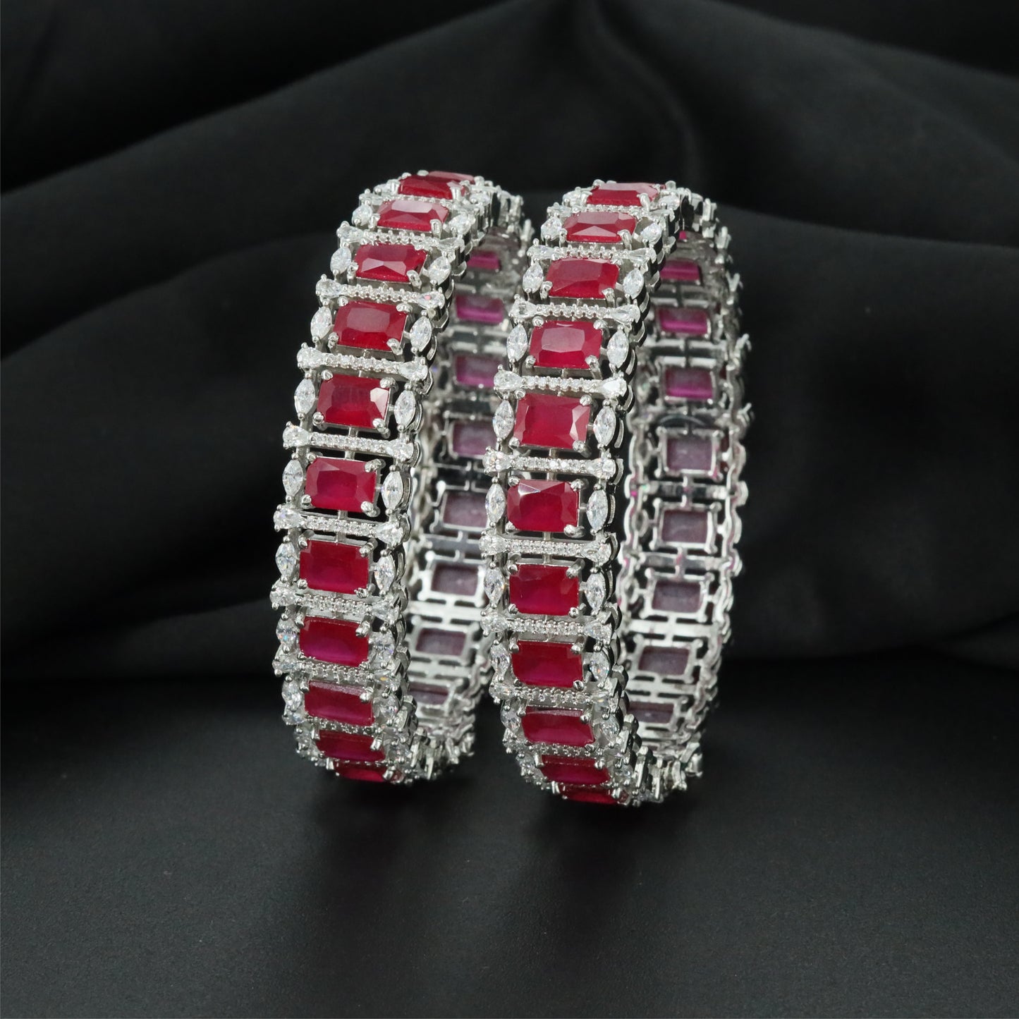 Avenue Square Frame Rhodium Bangles with Repeating Centre Sections