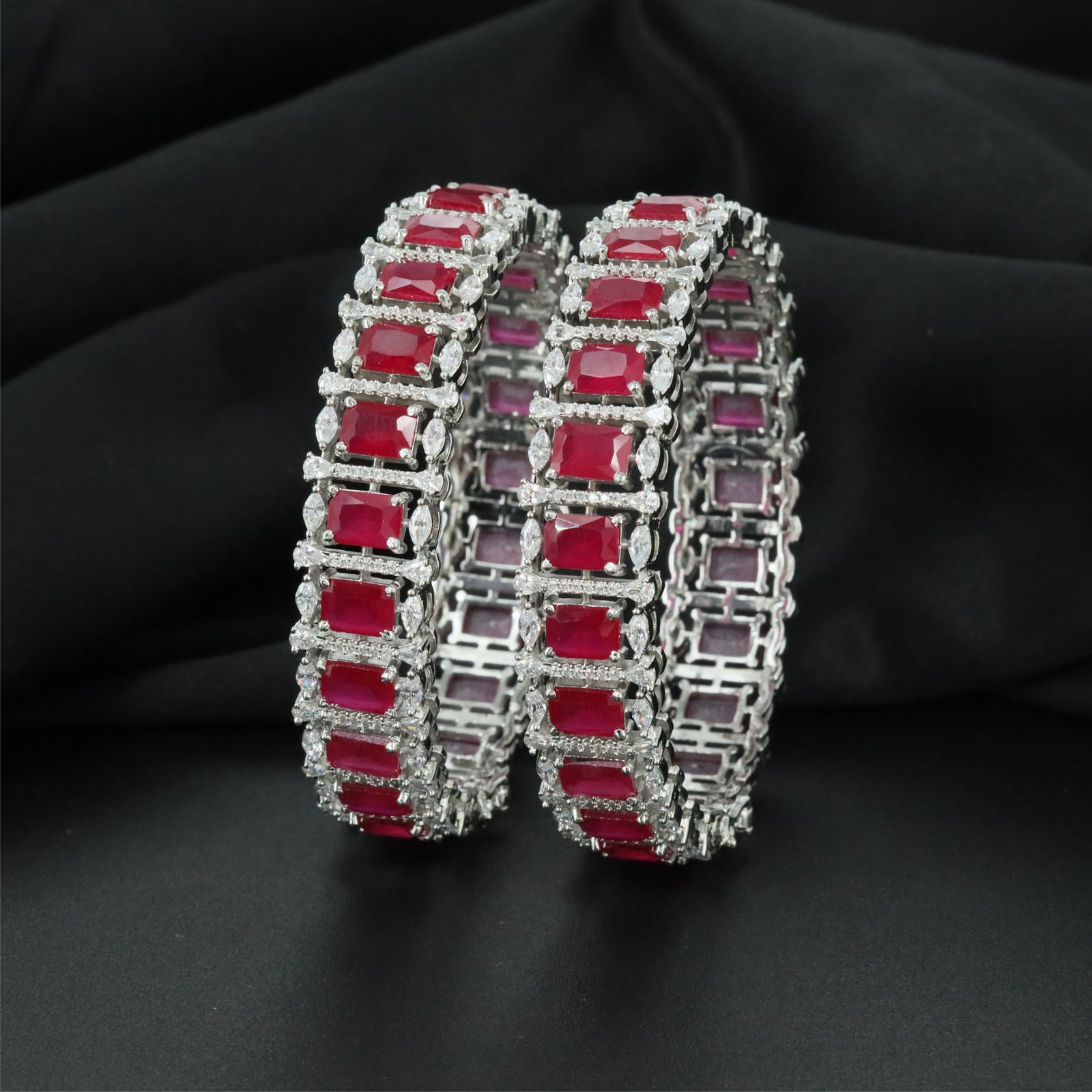 Avenue Square Frame Rhodium Bangles with Repeating Centre Sections
