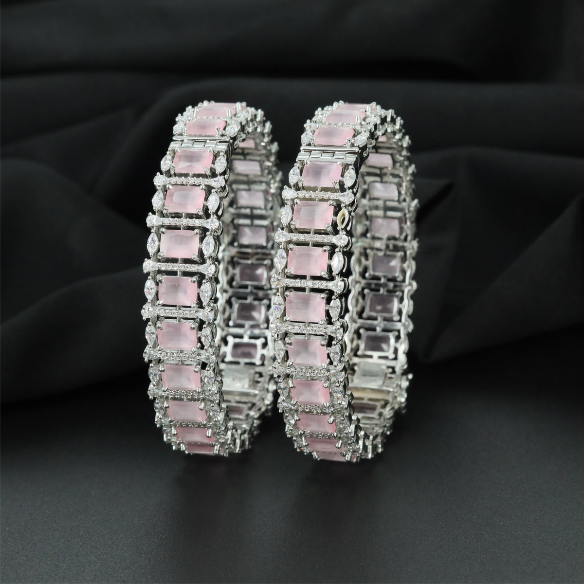 Classic Block Rhodium Bangles with Multi Row Framework Design