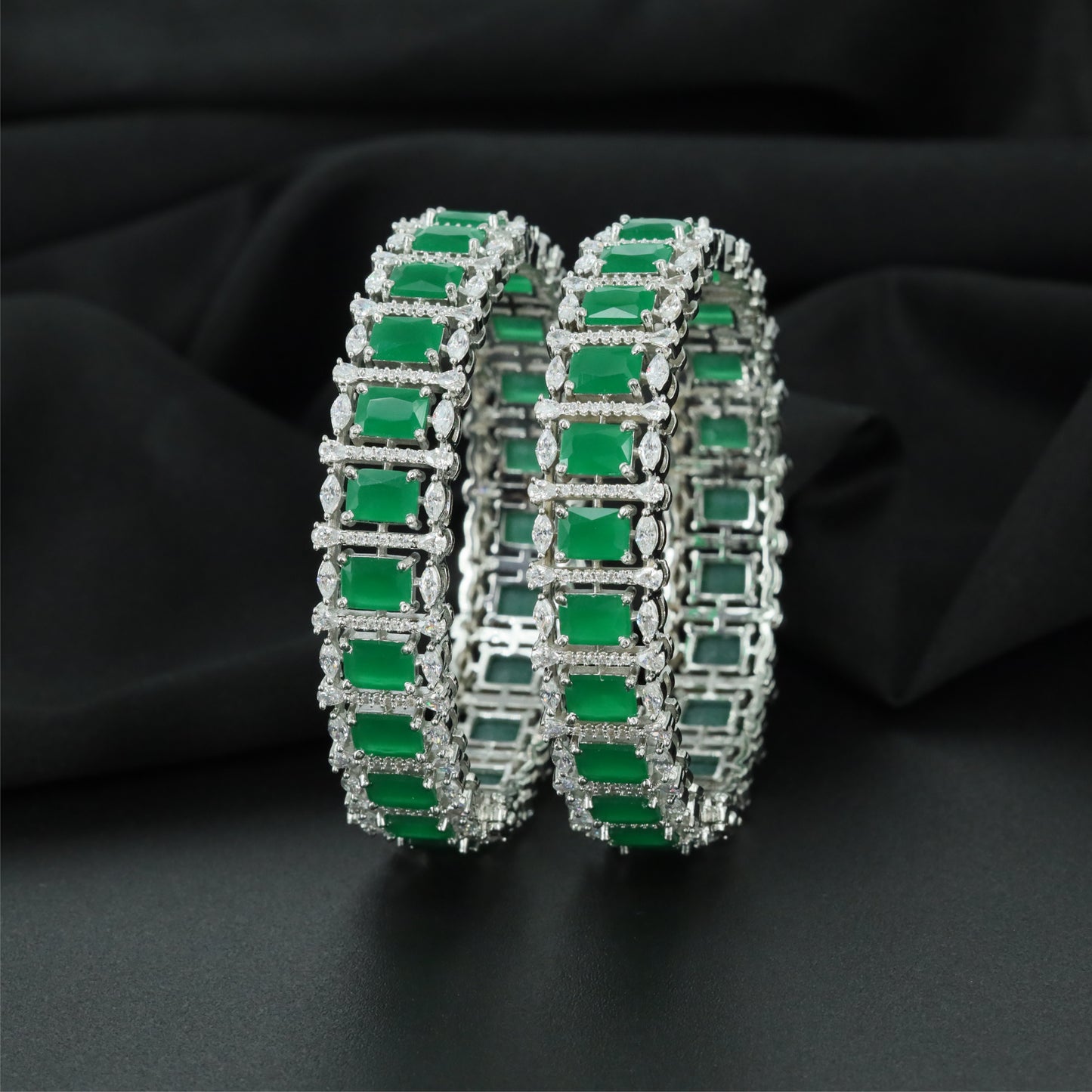 Royal Rectangle Frame Rhodium Bangles with Repeating Centre Sections
