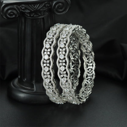 Aurora Link Rhodium Bangles with Structured Floral Alignment