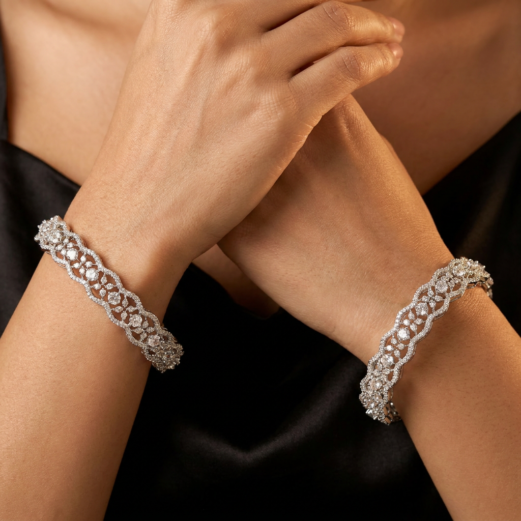 Aurora Link Rhodium Bangles with Structured Floral Alignment