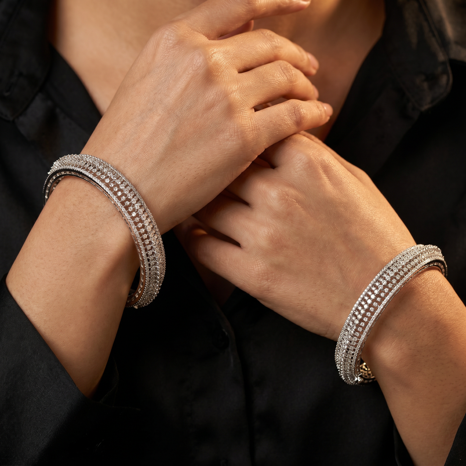 Elite Meshwork Rhodium Bangles with Repeating Framework Formation