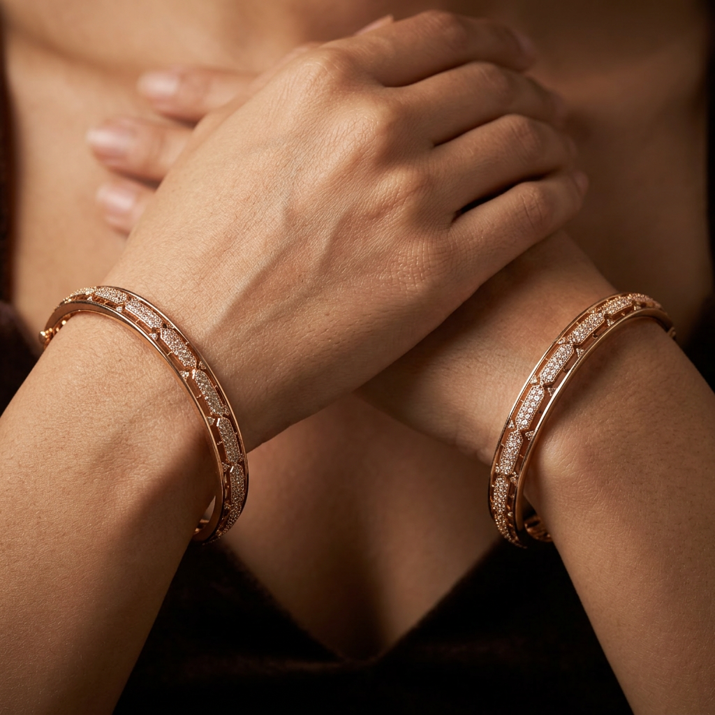 Vertex Track Gold Polish Bangles with Decorative Panel Layout