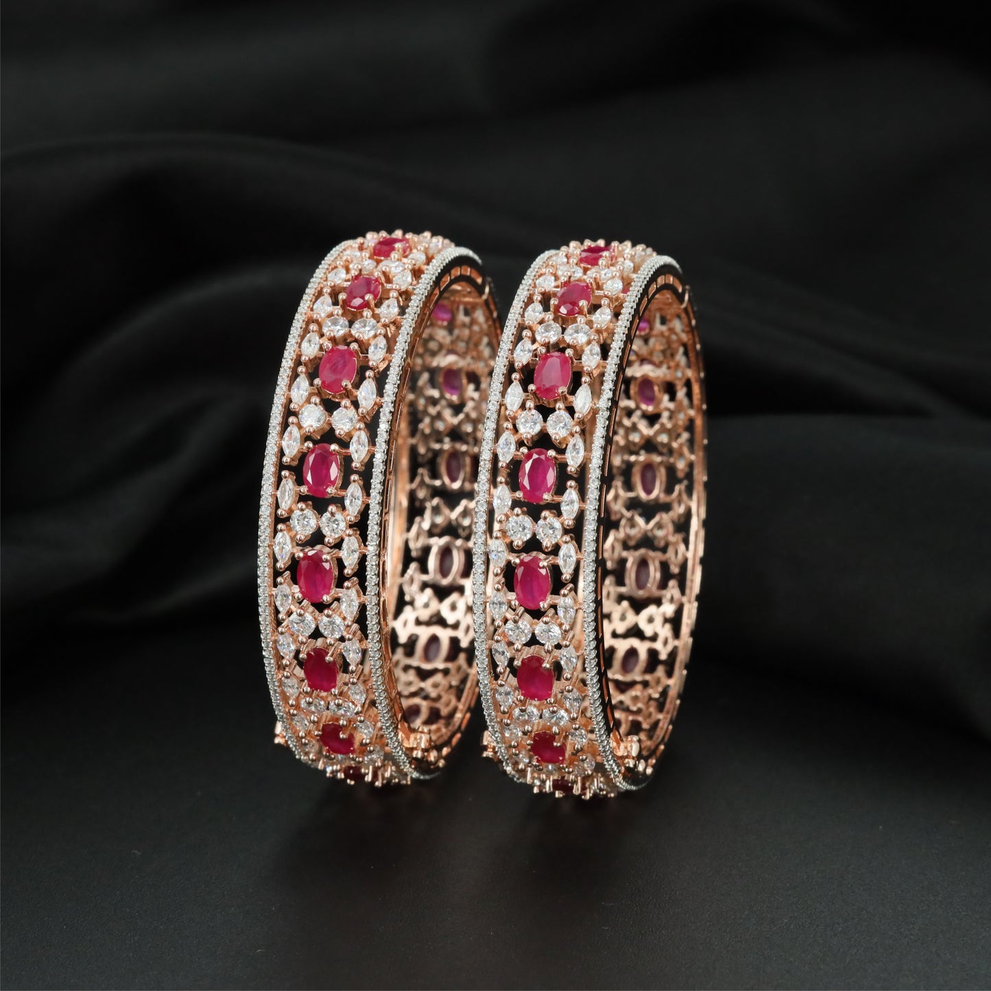 Lattice Floral Rose Gold Bangles with Continuous Open Sections