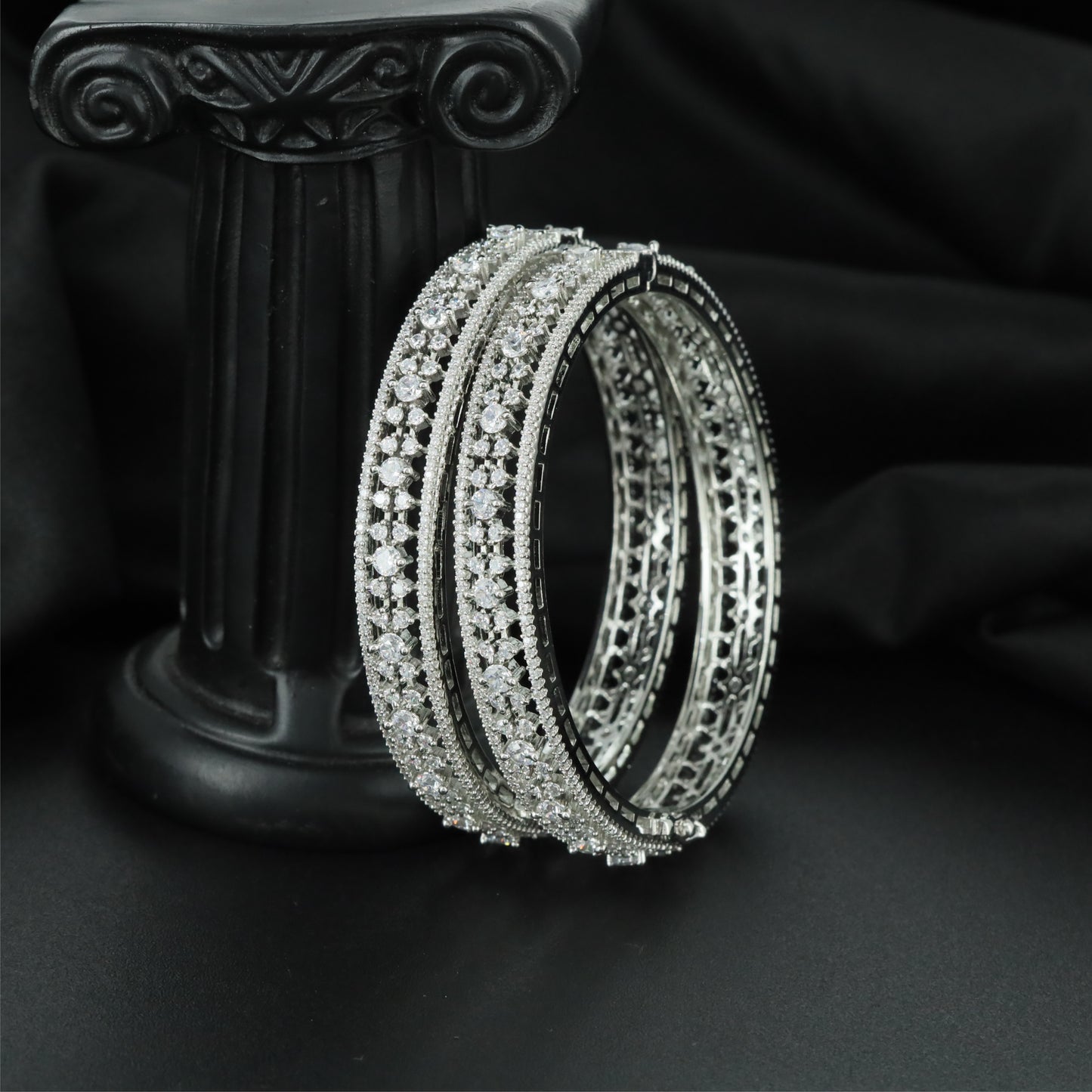 Floral Cluster Rhodium Bangles with Multirow Border Detailing