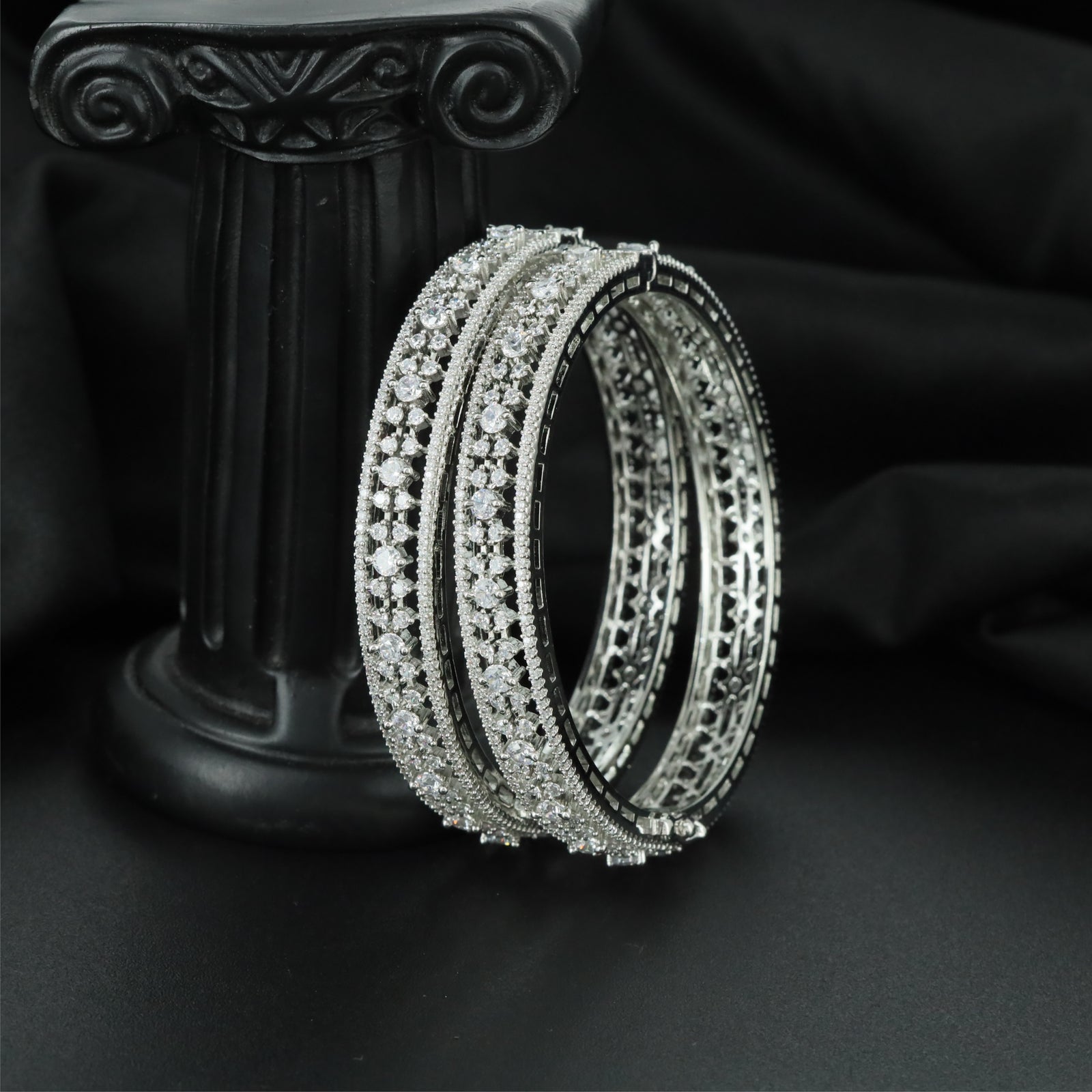 Floral Cluster Rhodium Bangles with Multirow Border Detailing
