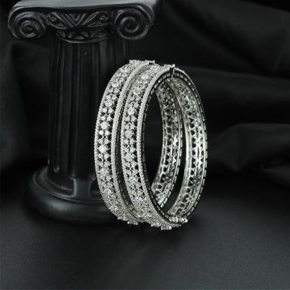 Floral Cluster Rhodium Bangles with Multirow Border Detailing