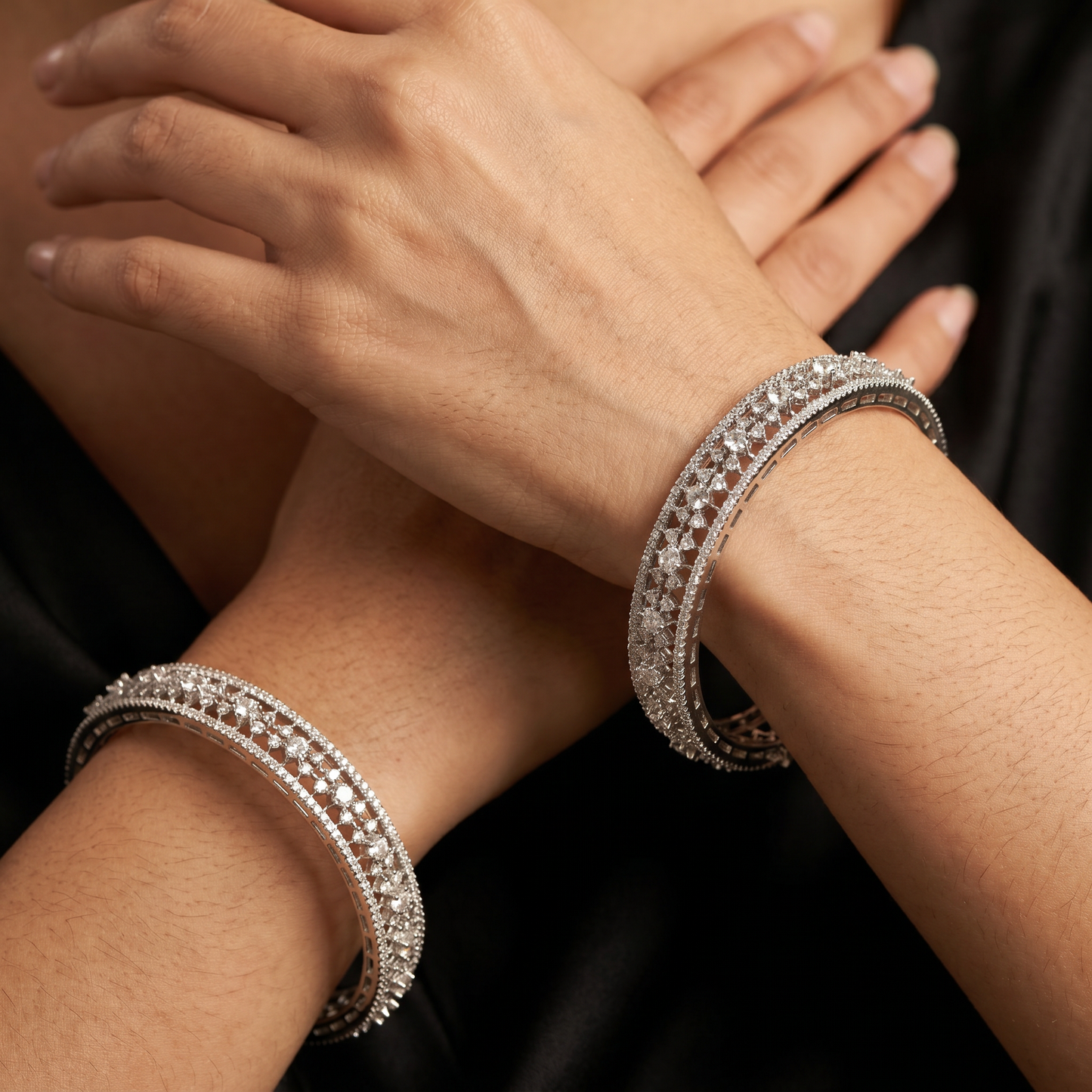 Floral Cluster Rhodium Bangles with Multirow Border Detailing