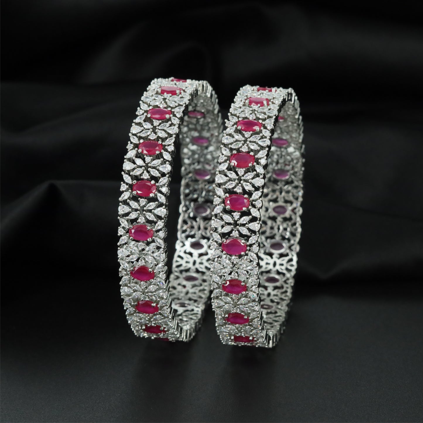 Heritage Oval Accent Rhodium Bangles with Dense Floral Frame Detailing