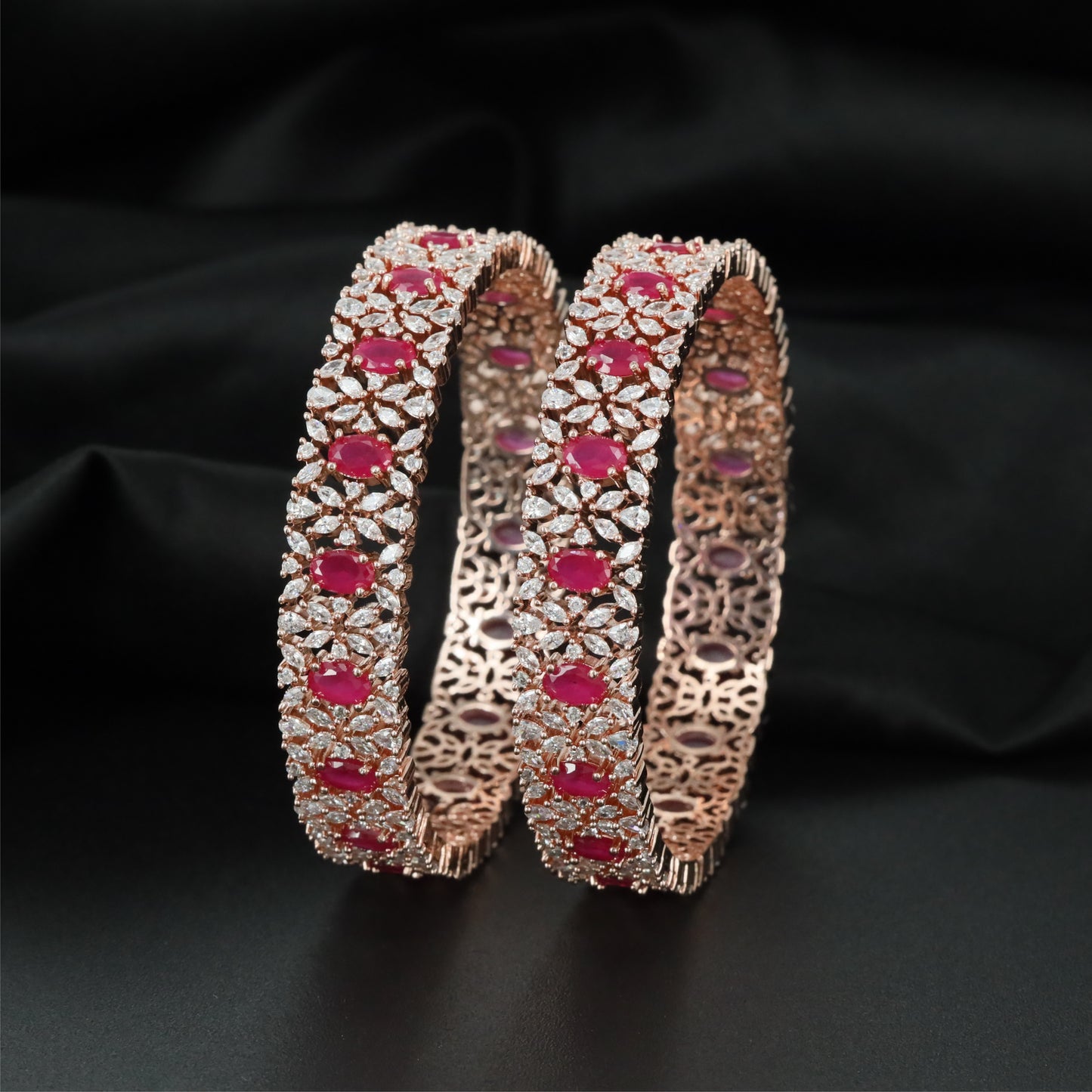 Sophisticated Crest Rose Gold Bangles with Textured Openwork Layout