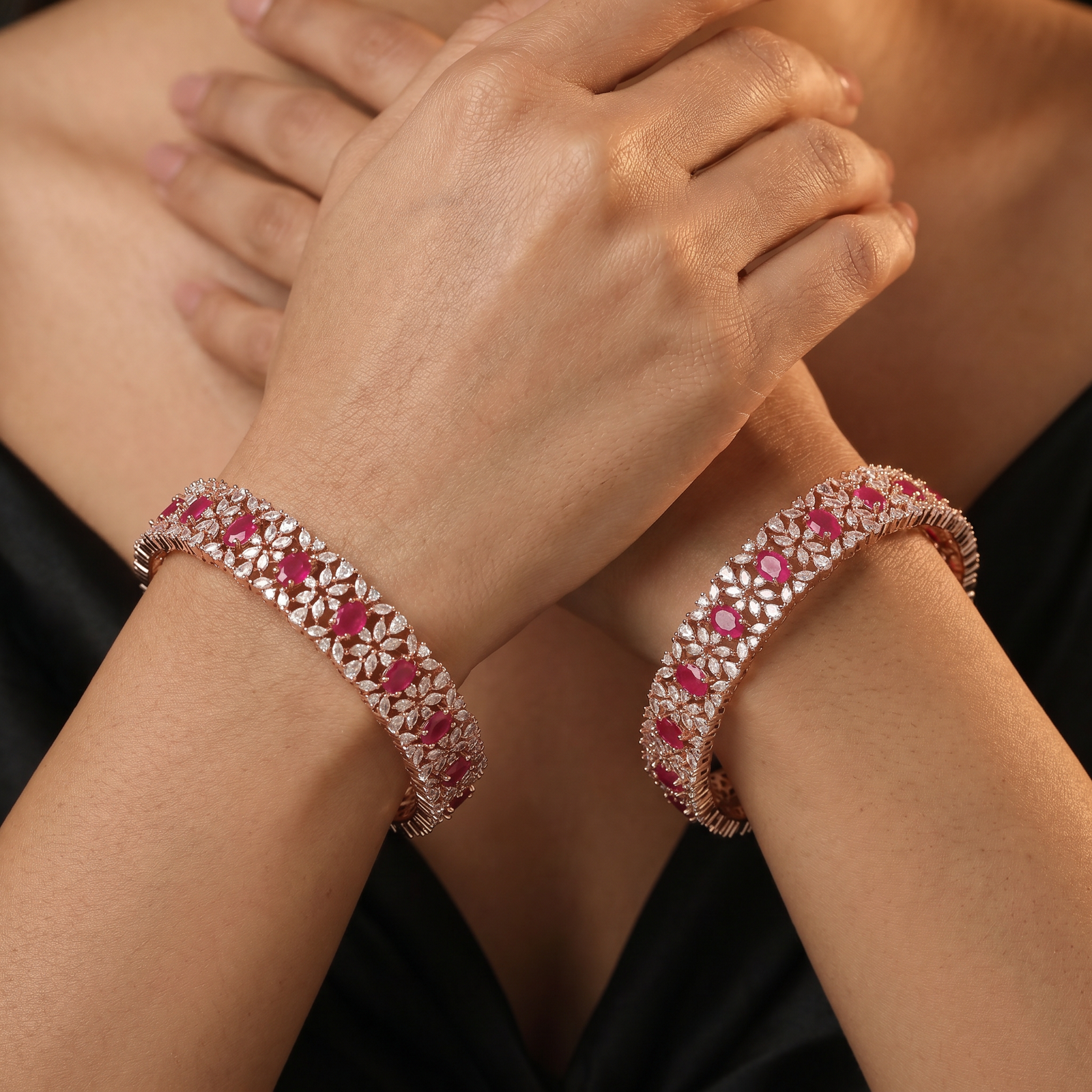 Sophisticated Crest Rose Gold Bangles with Textured Openwork Layout