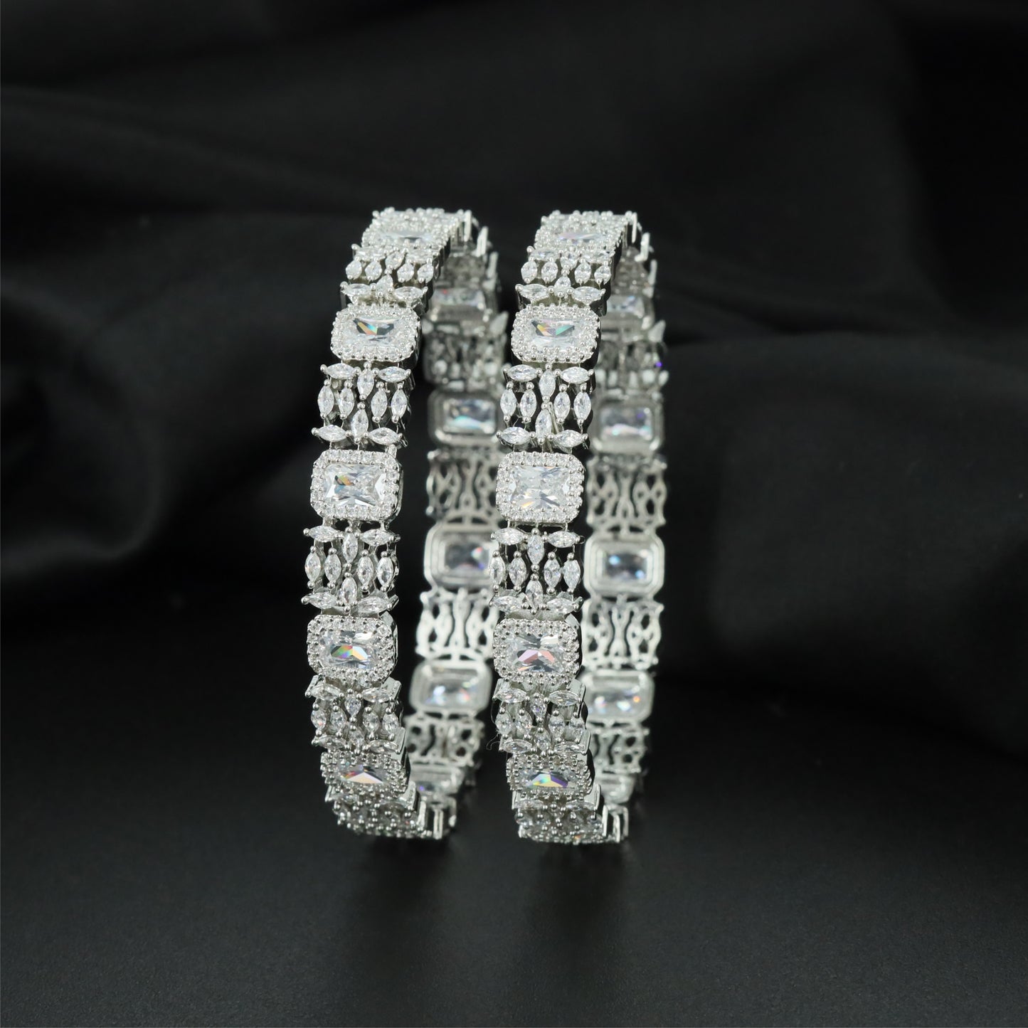 Metro Block Rhodium Bangles with Balanced Side Detailing