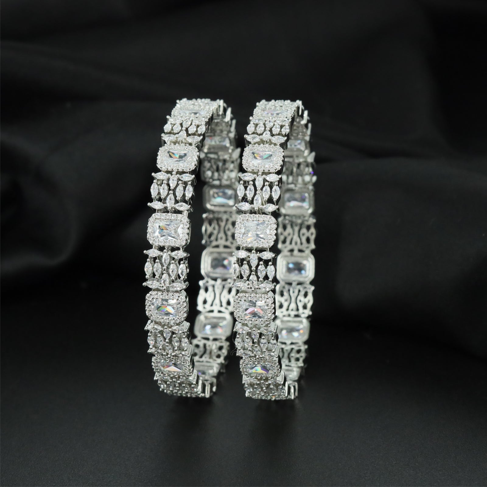 Metro Block Rhodium Bangles with Balanced Side Detailing