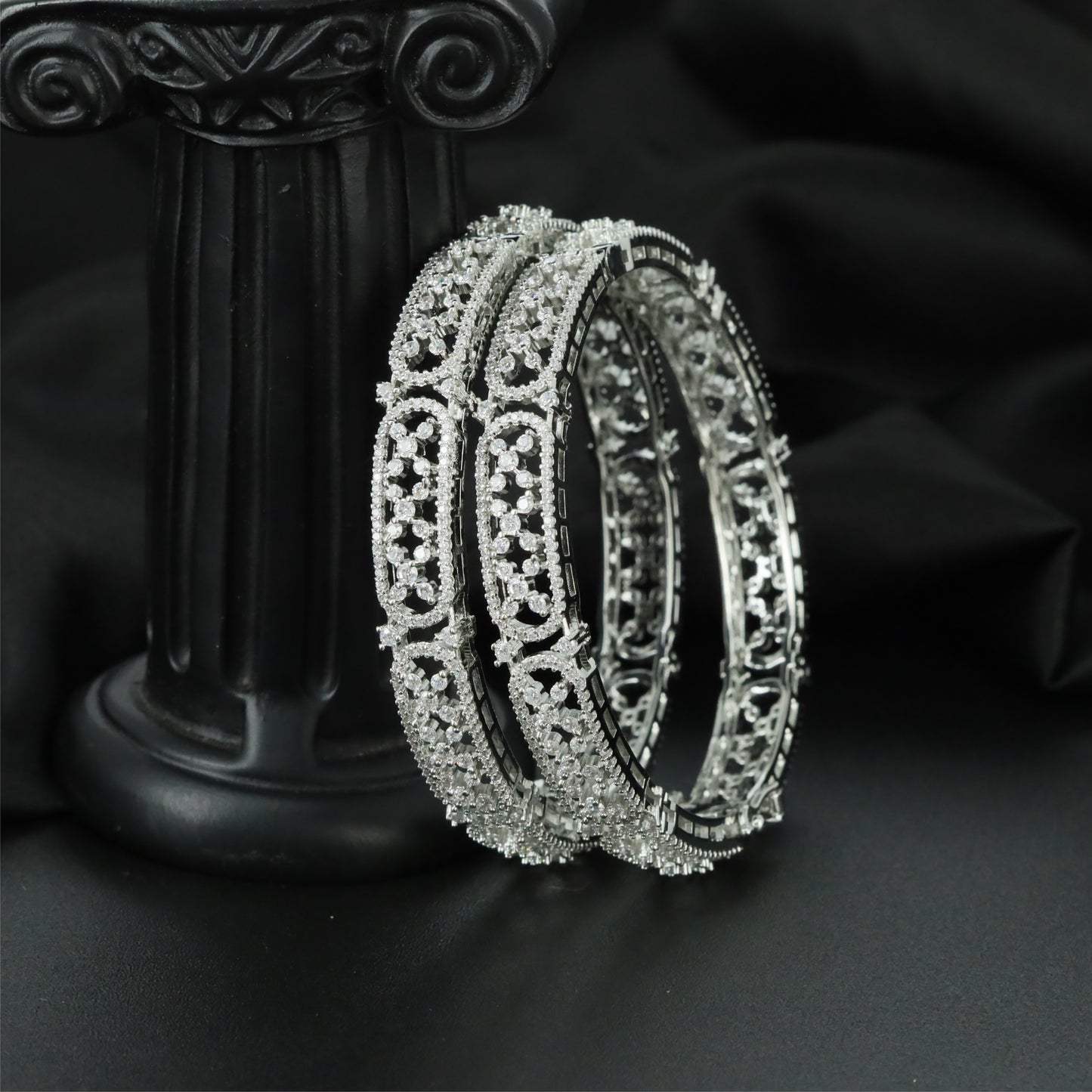Skyline Filigree Rhodium Bangles with Decorative Border Alignment