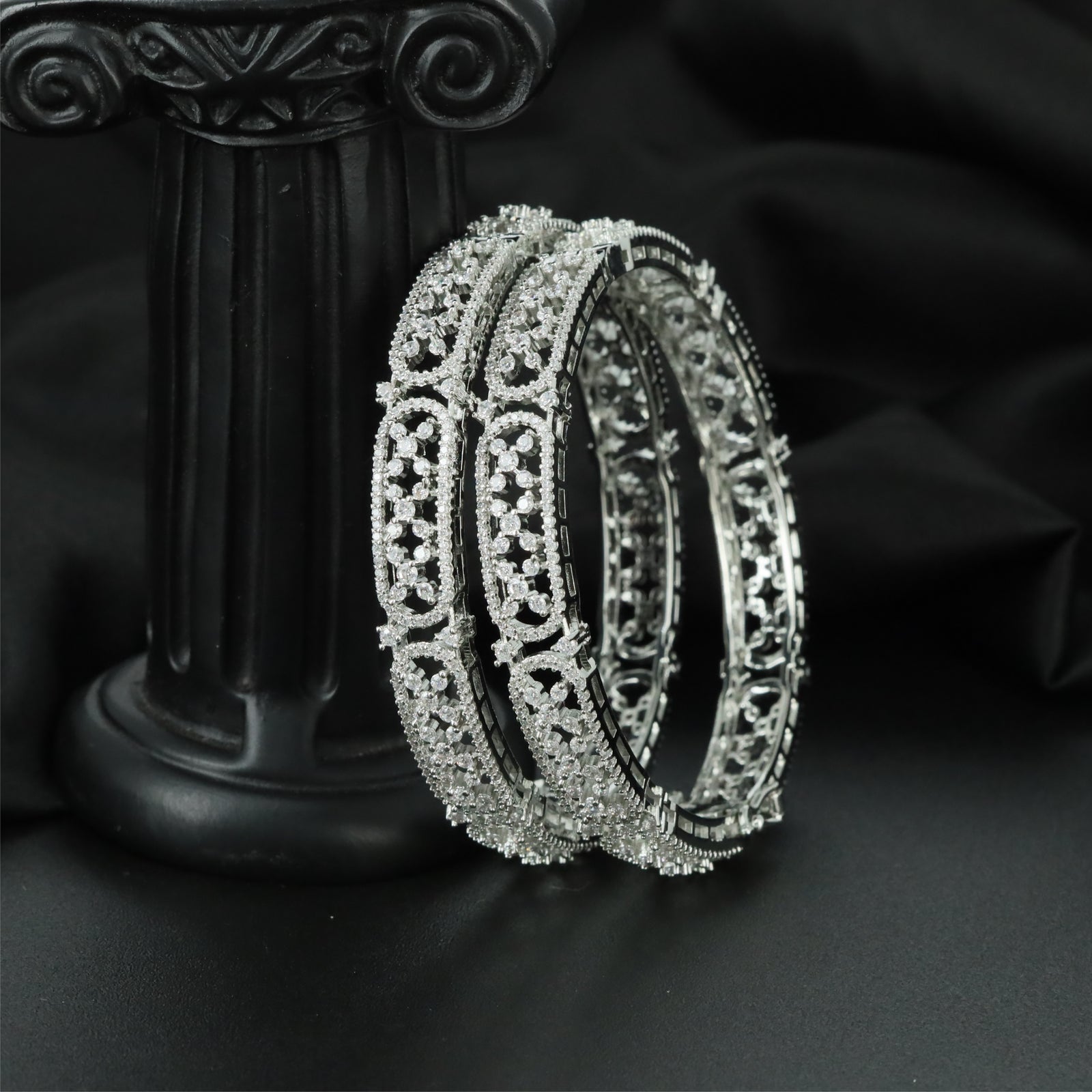 Skyline Filigree Rhodium Bangles with Decorative Border Alignment