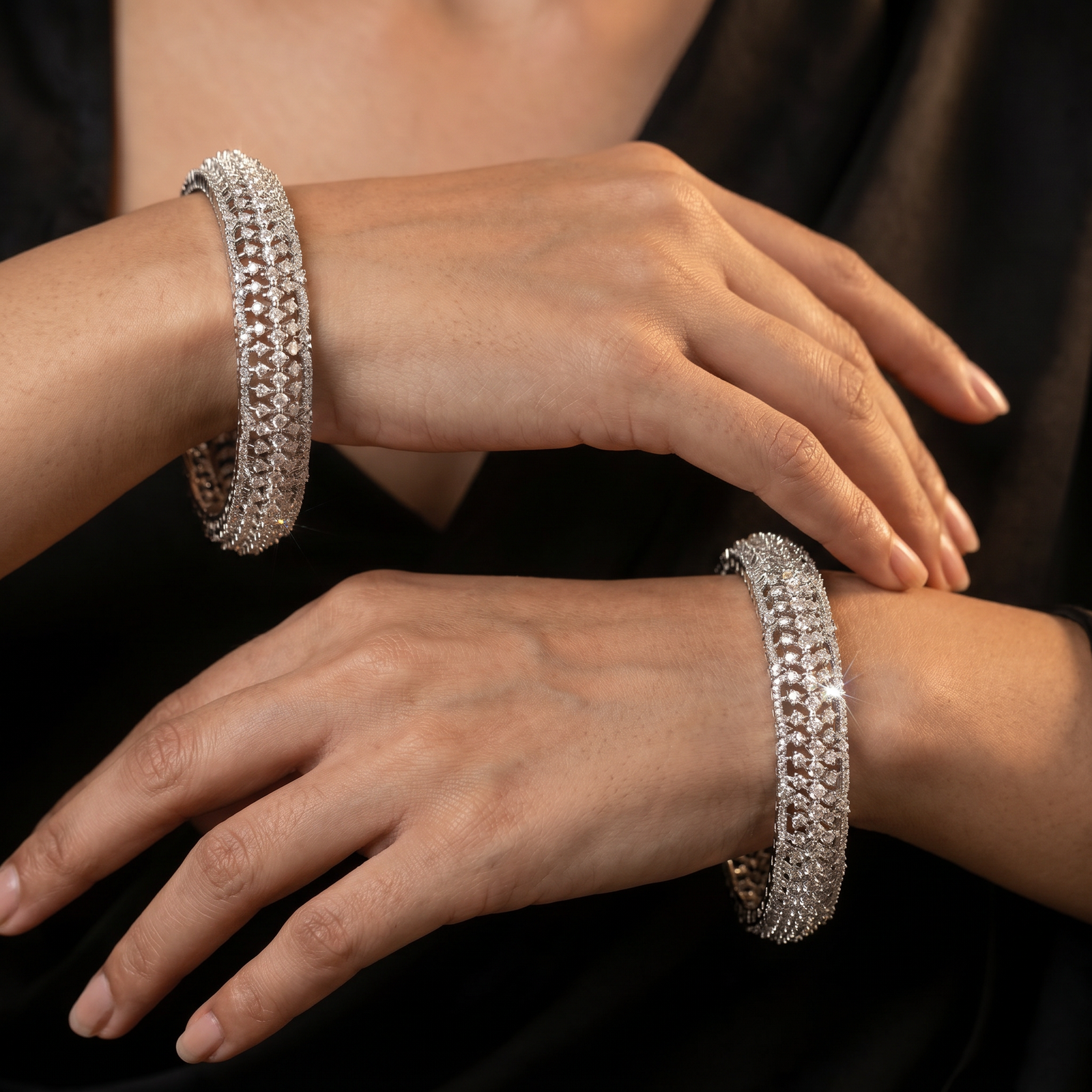 Sophisticated Outline Rhodium Bangles with Decorative Frame Layout