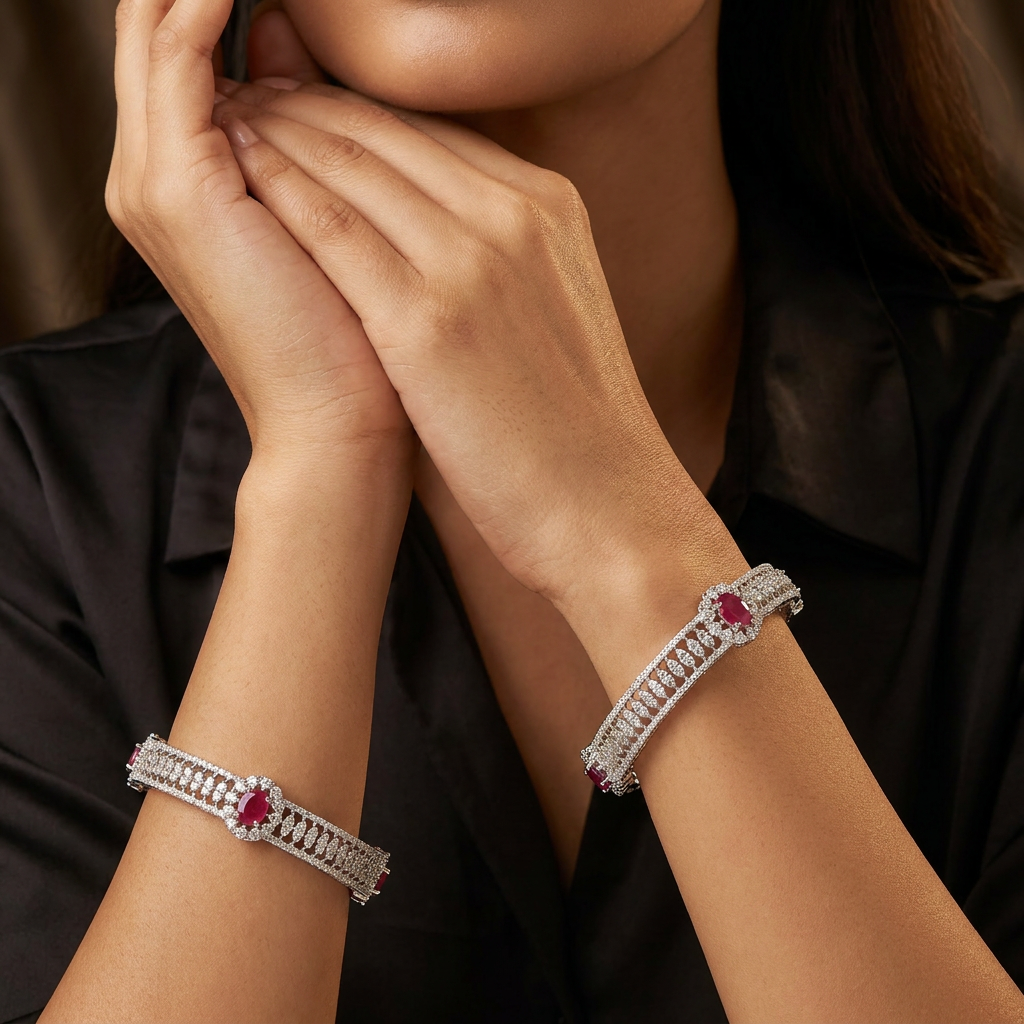 Channel Rhodium Bangles with Continuous Decorative Layout