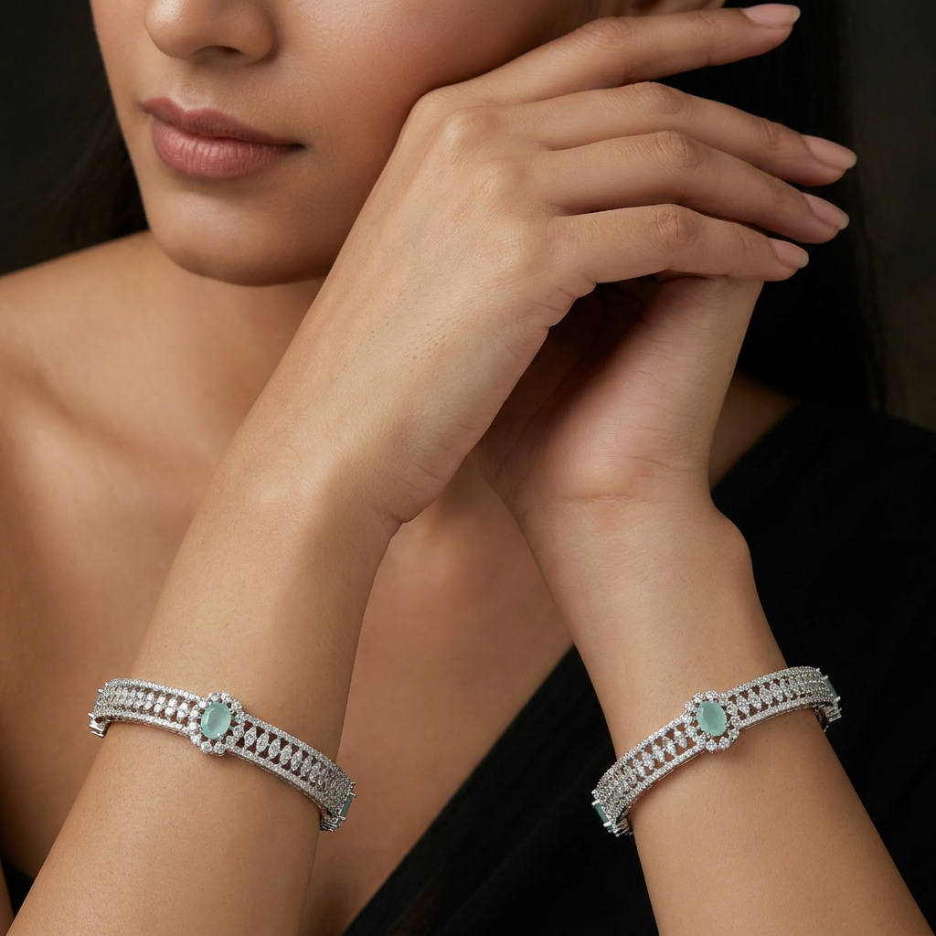 Aurelia Centre Accent Rhodium Bangles with Multi Row Border Detailing