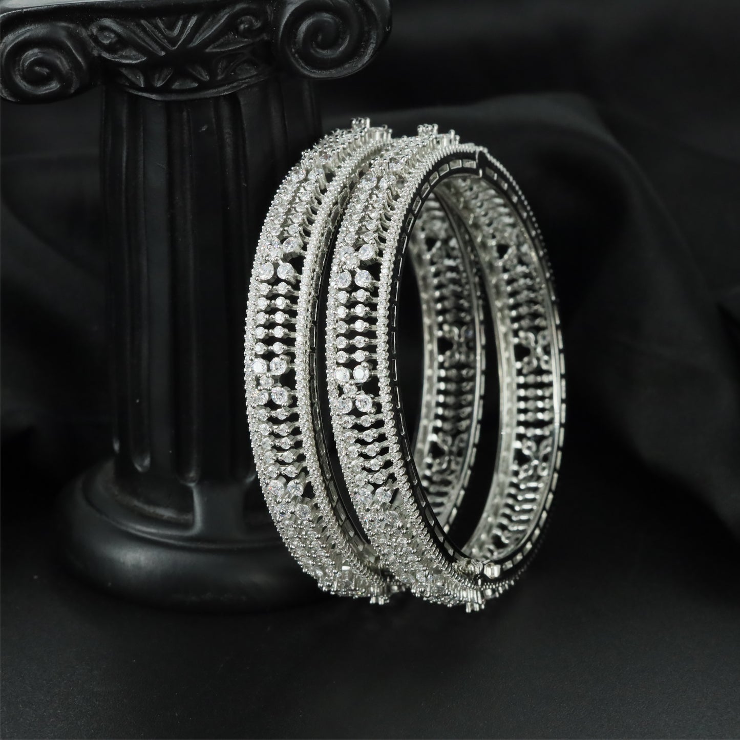 Radiance Border Rhodium Bangles with Structured Openwork Design