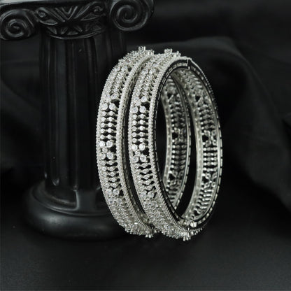 Radiance Border Rhodium Bangles with Structured Openwork Design