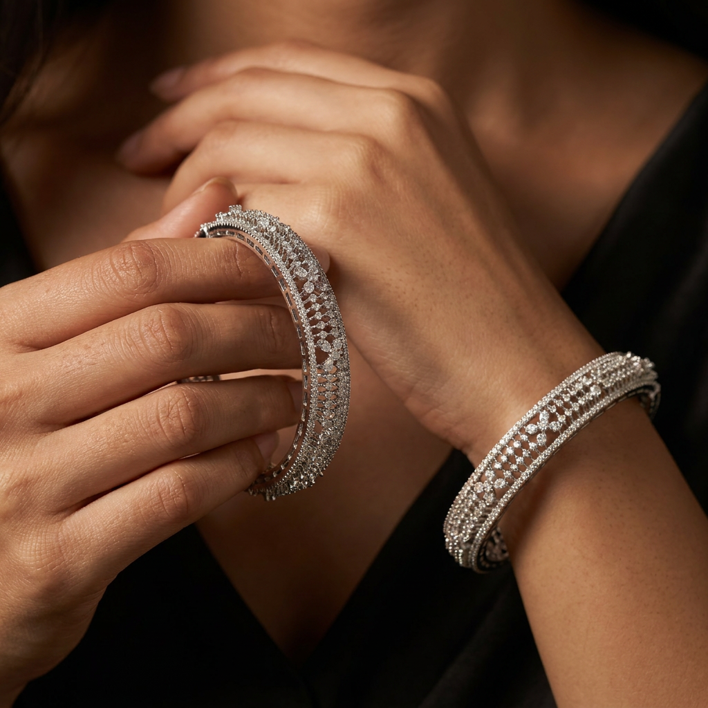 Radiance Border Rhodium Bangles with Structured Openwork Design
