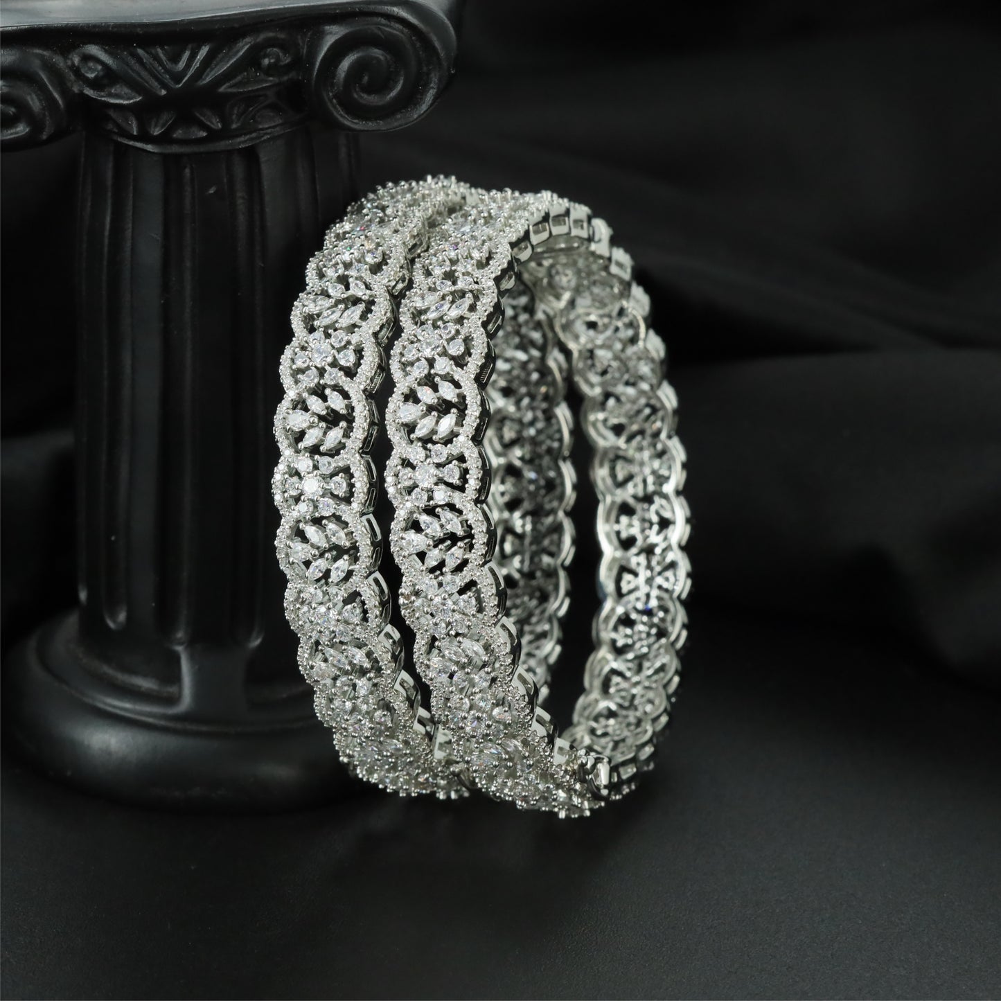 Bracket Lace Rhodium Bangles with Continuous Filigree Pattern